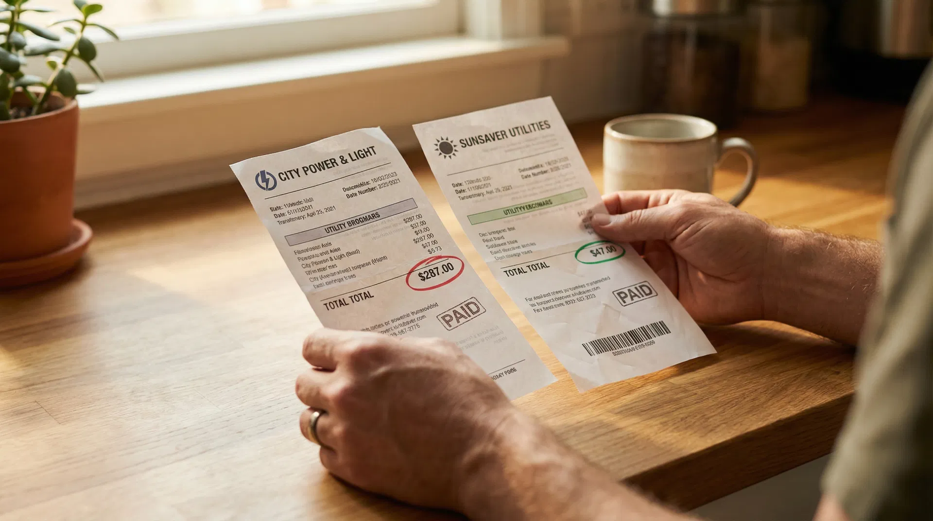 Before and after energy bill comparison showing dramatic savings