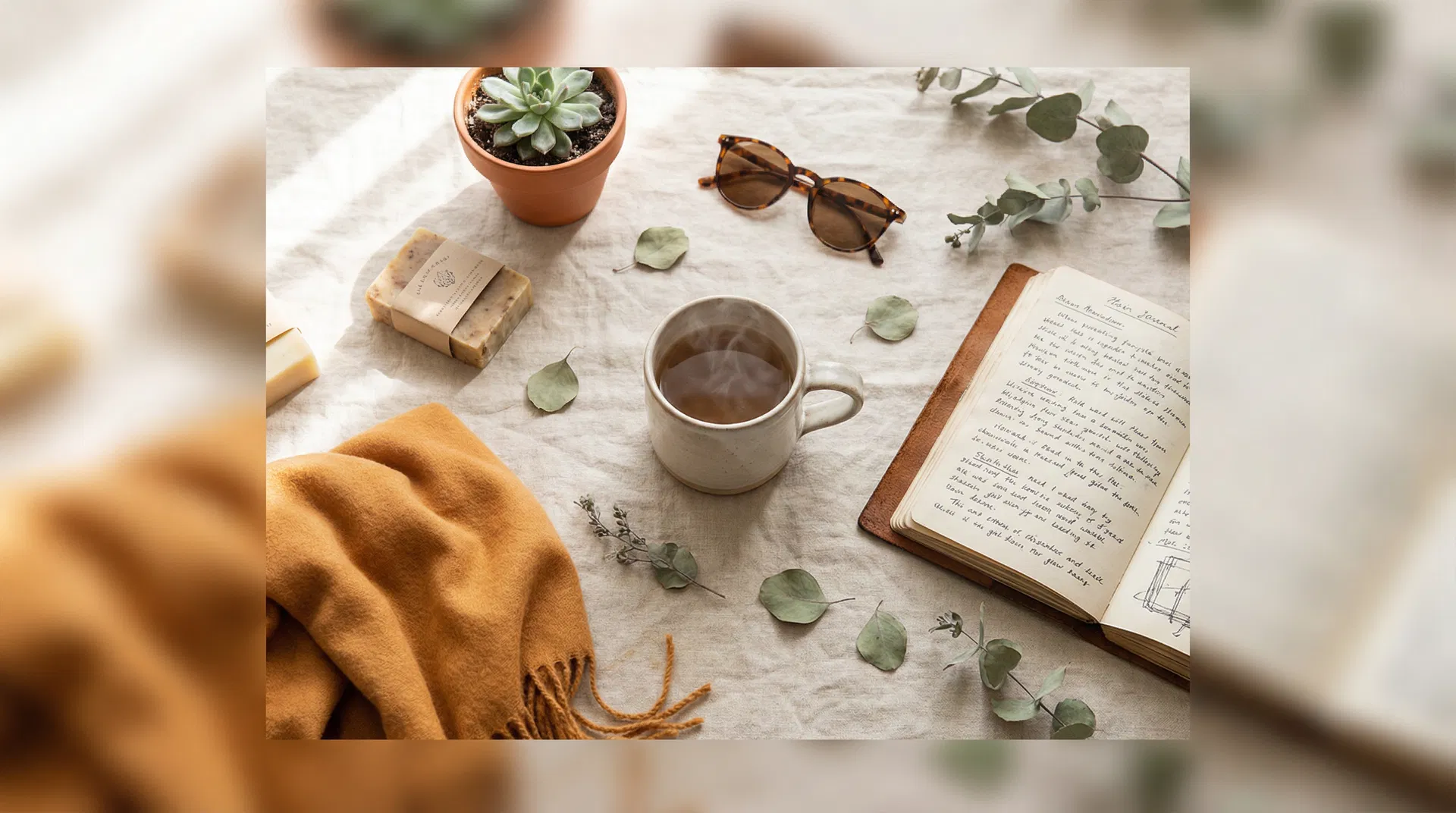 Lifestyle flat lay with journal, coffee, and curated items