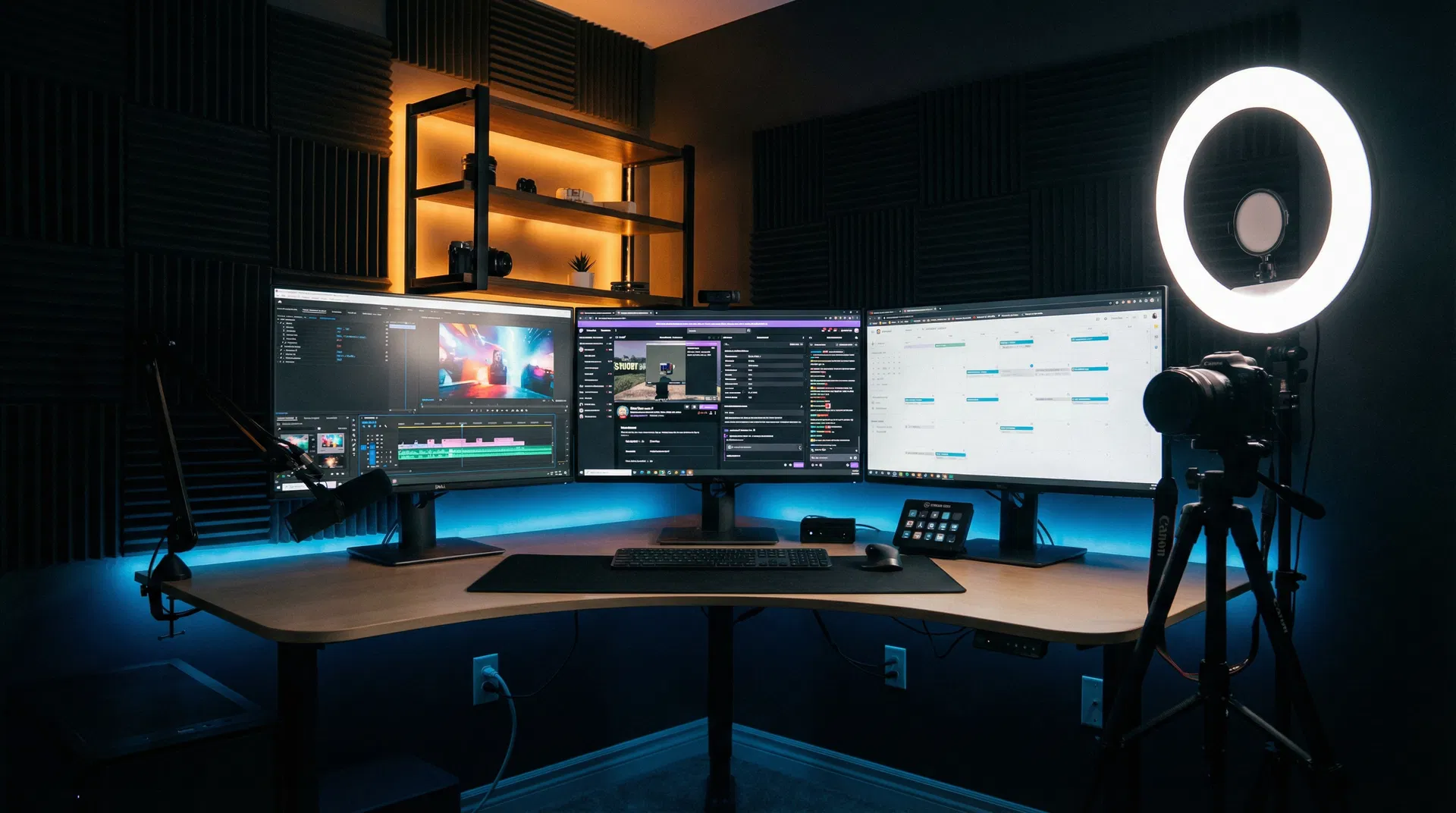 Professional content Creator studio setup with multiple monitors