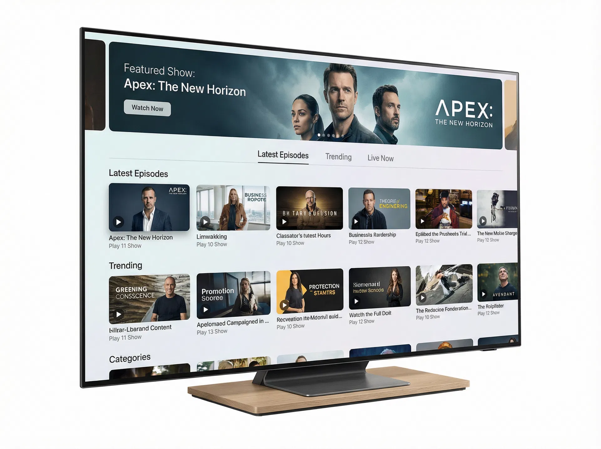 Your branded TV app on a smart TV showing a professional streaming interface