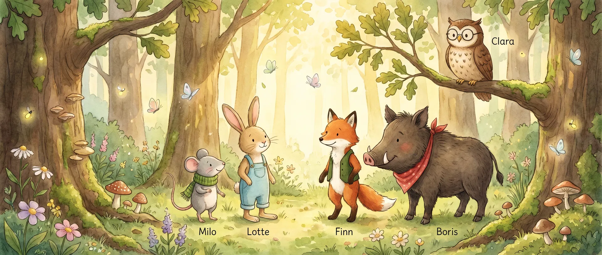 Alle fünf Waldtiere zusammen auf einer Waldlichtung