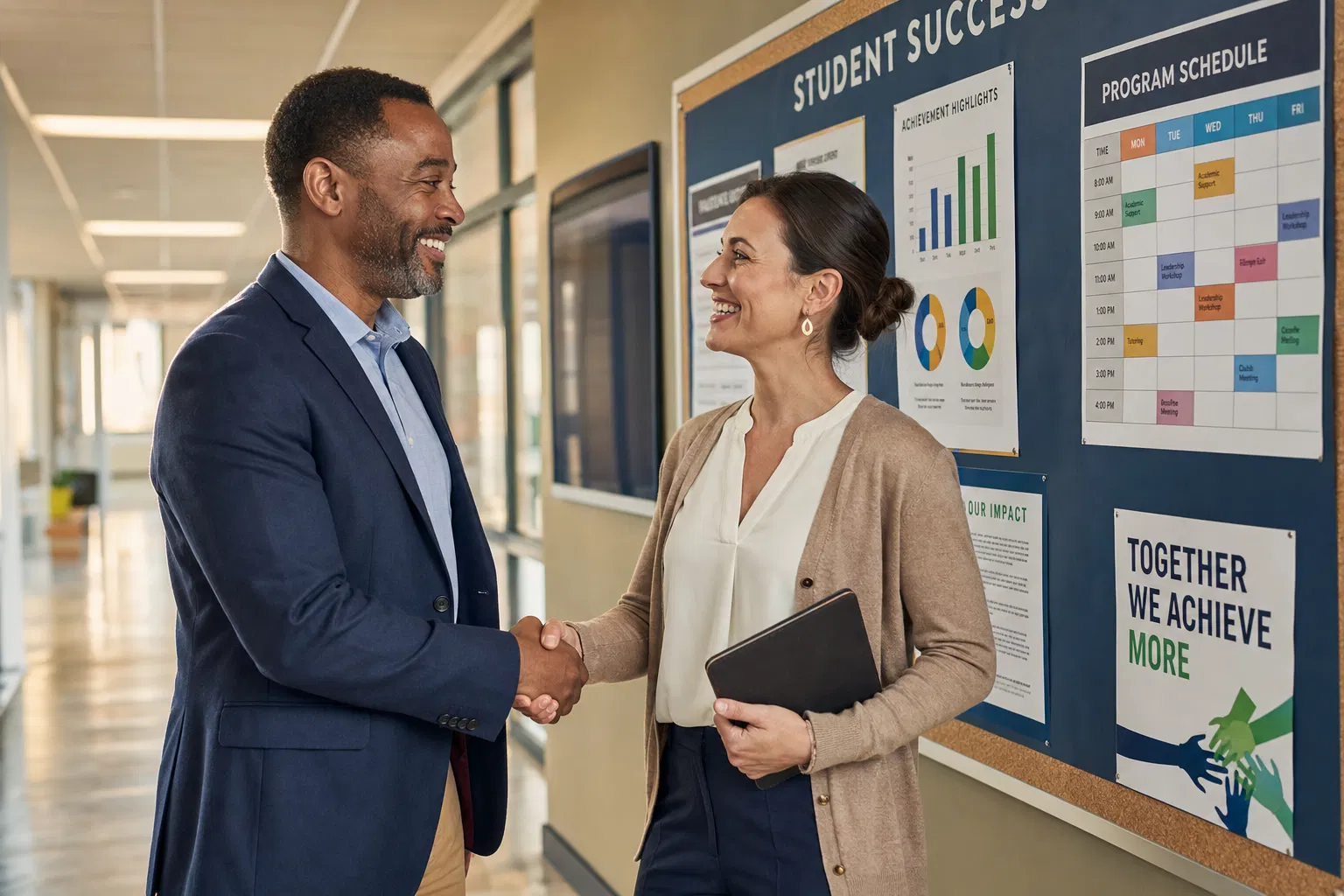 Professional partnership handshake in educational setting