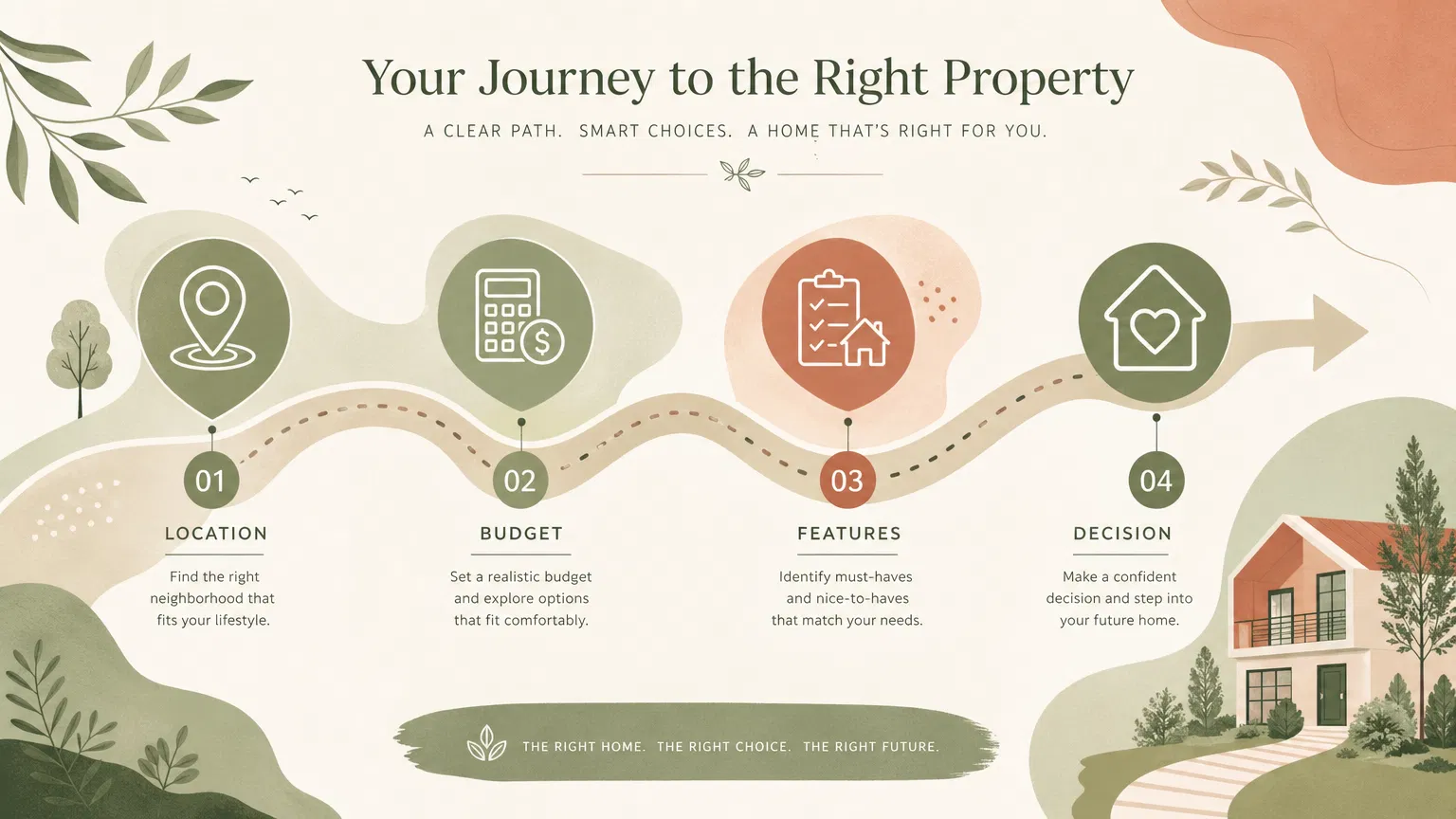 Property selection journey: Location, Budget, Features, Decision