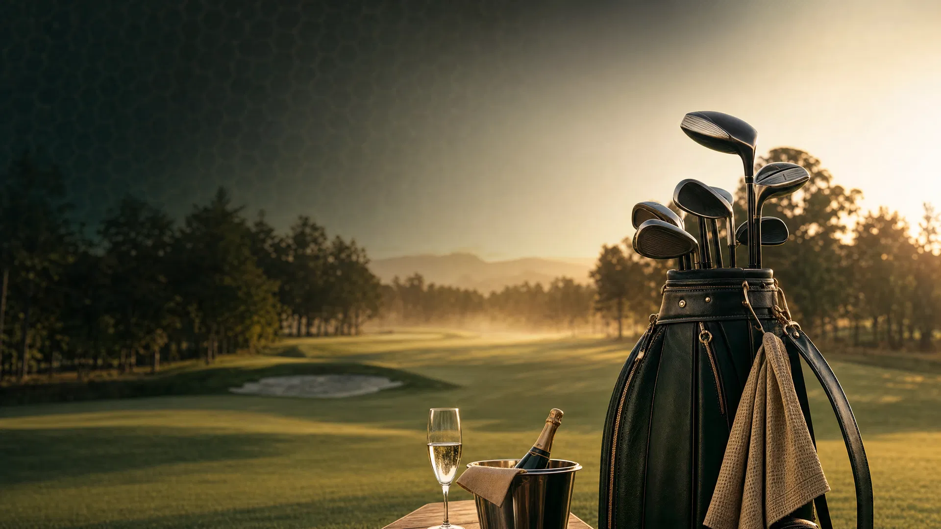 Premium-Golfplatz mit Golfausrüstung bei Sonnenaufgang