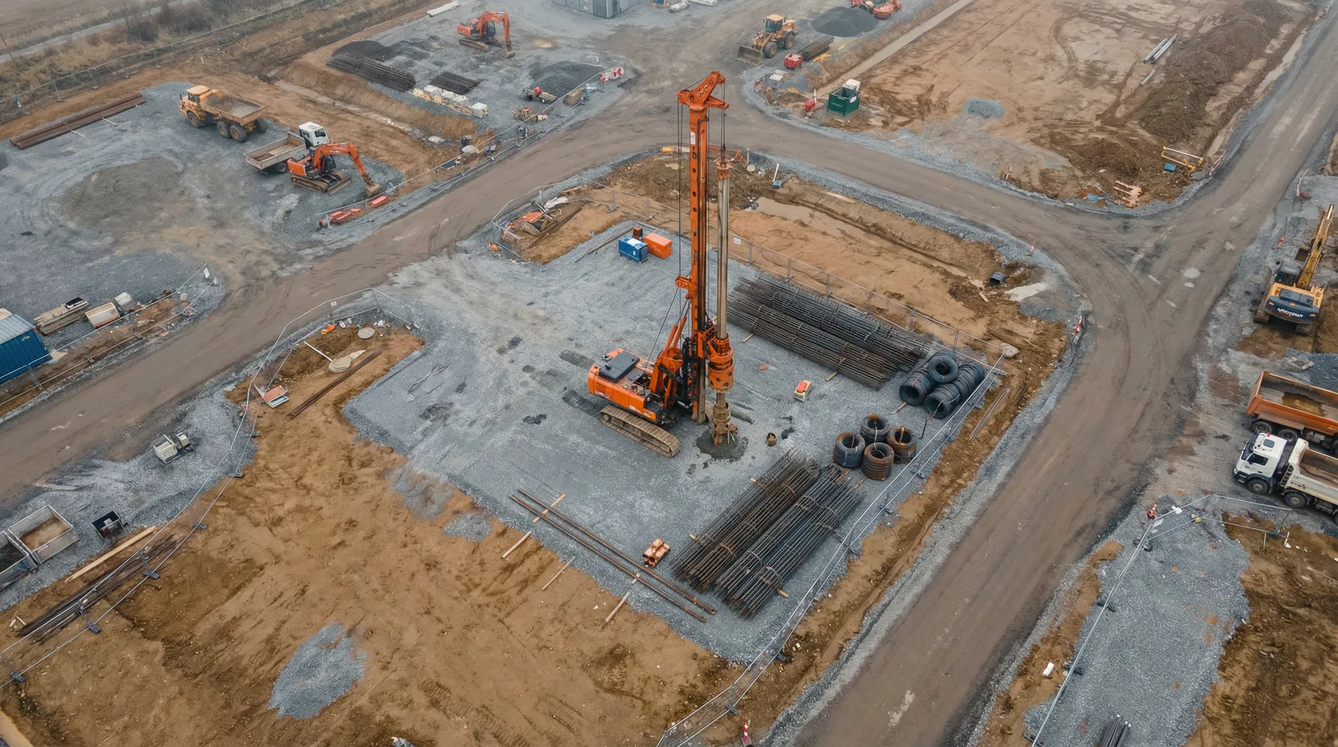 Construction site with tracked piling rig