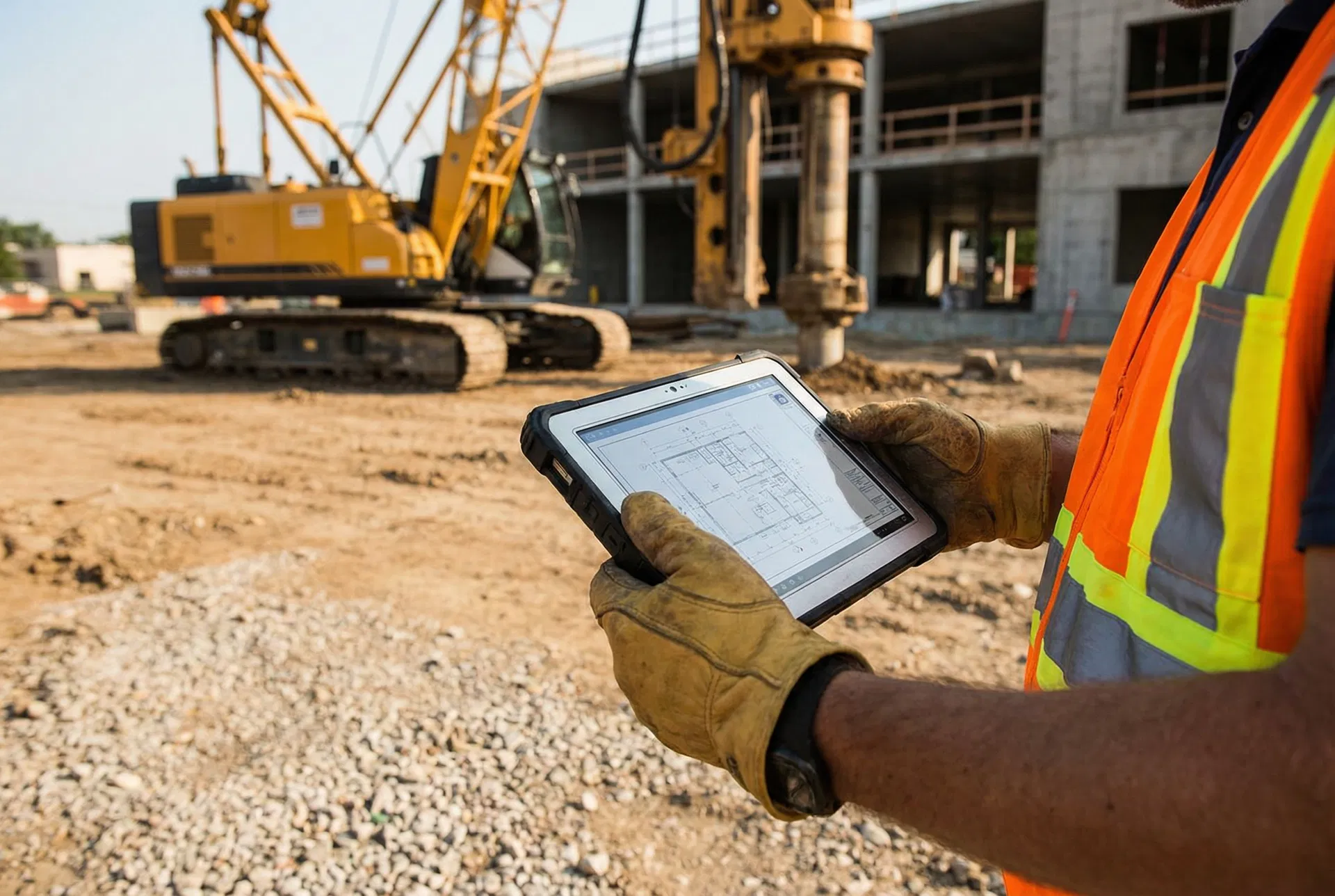 Engineer using tablet on construction site