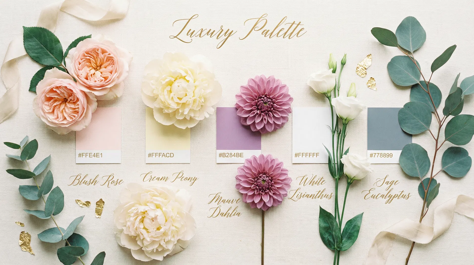 Luxury wedding floral palette with colour swatches