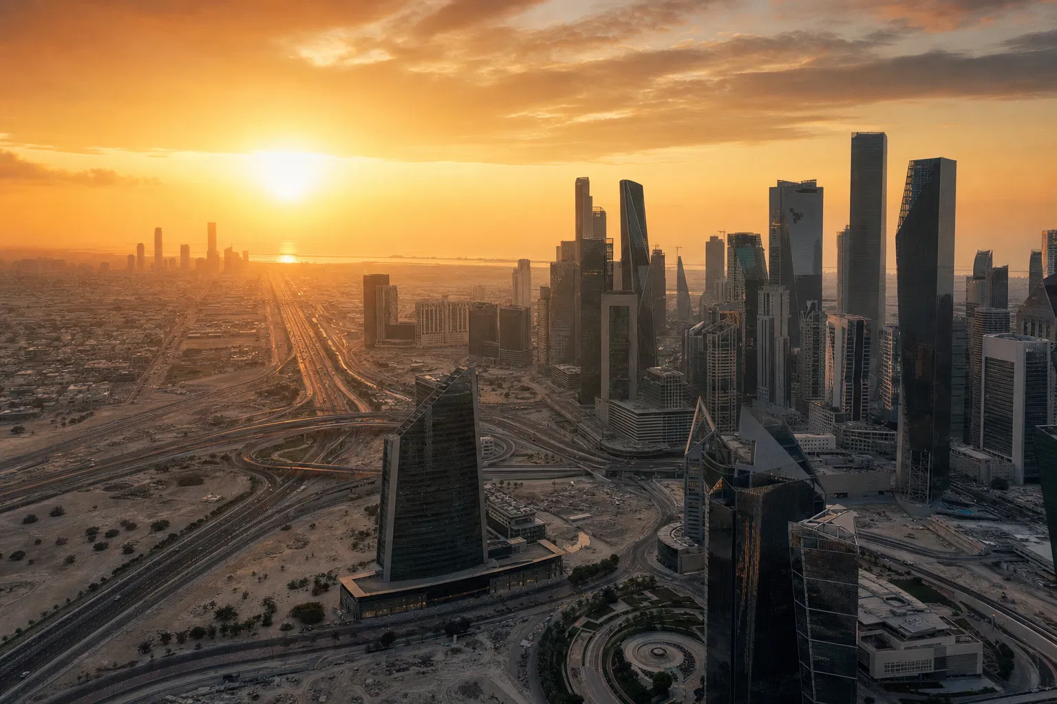 Modern Gulf city at sunrise