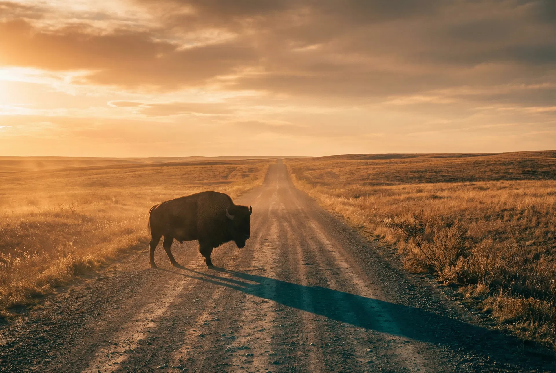 Lone bison on an Alberta prairie road at golden hour