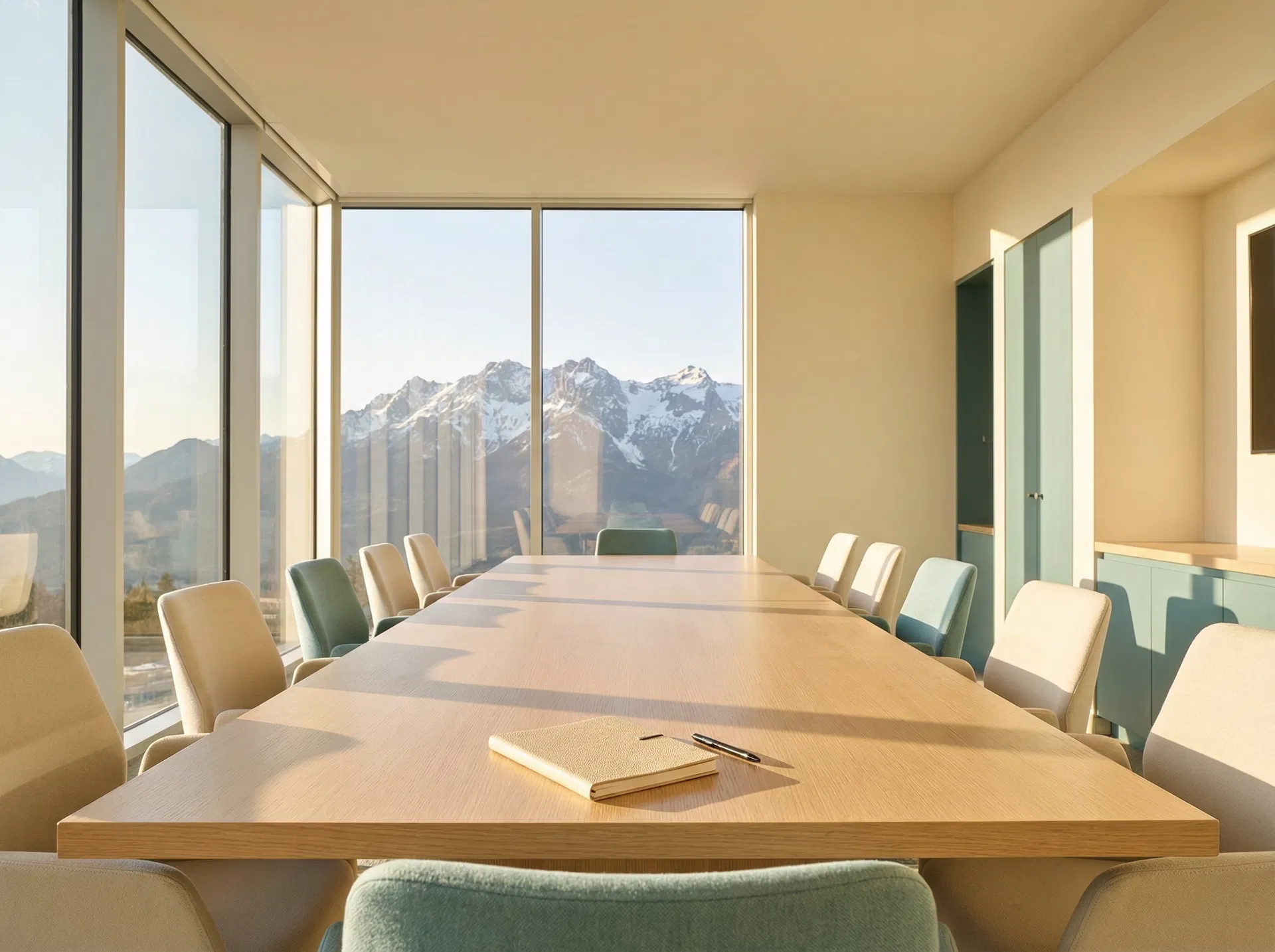 Modern boardroom with mountain views, where strategic financial decisions are made