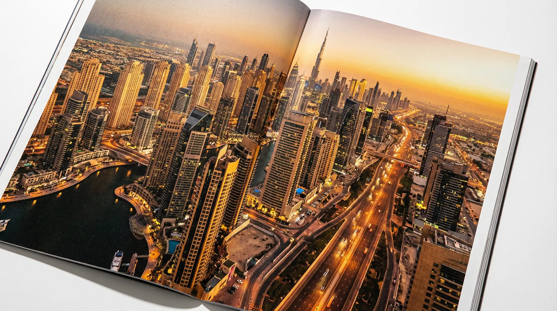 Aerial view of Dubai skyline at golden hour