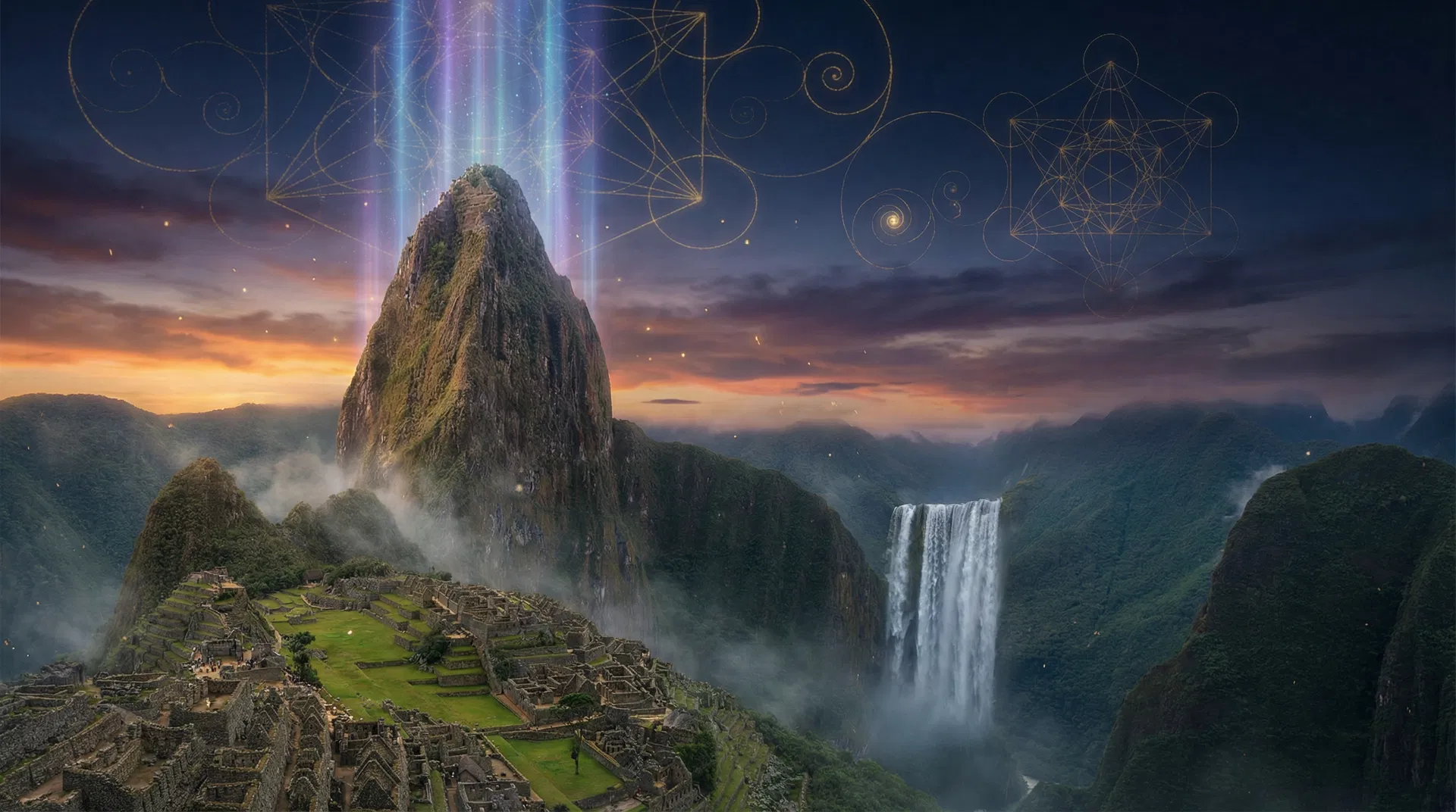 Majestic granite monolith rising from a lush gorge with cosmic energy beams and sacred geometry patterns in the twilight sky — representing The Fourth Corner of the World