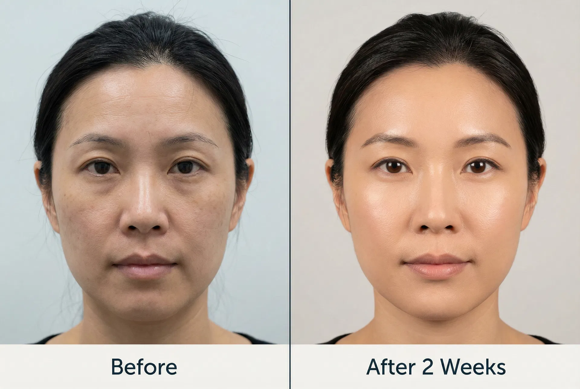 Before and after 2 weeks — forehead lines and skin tone improvement