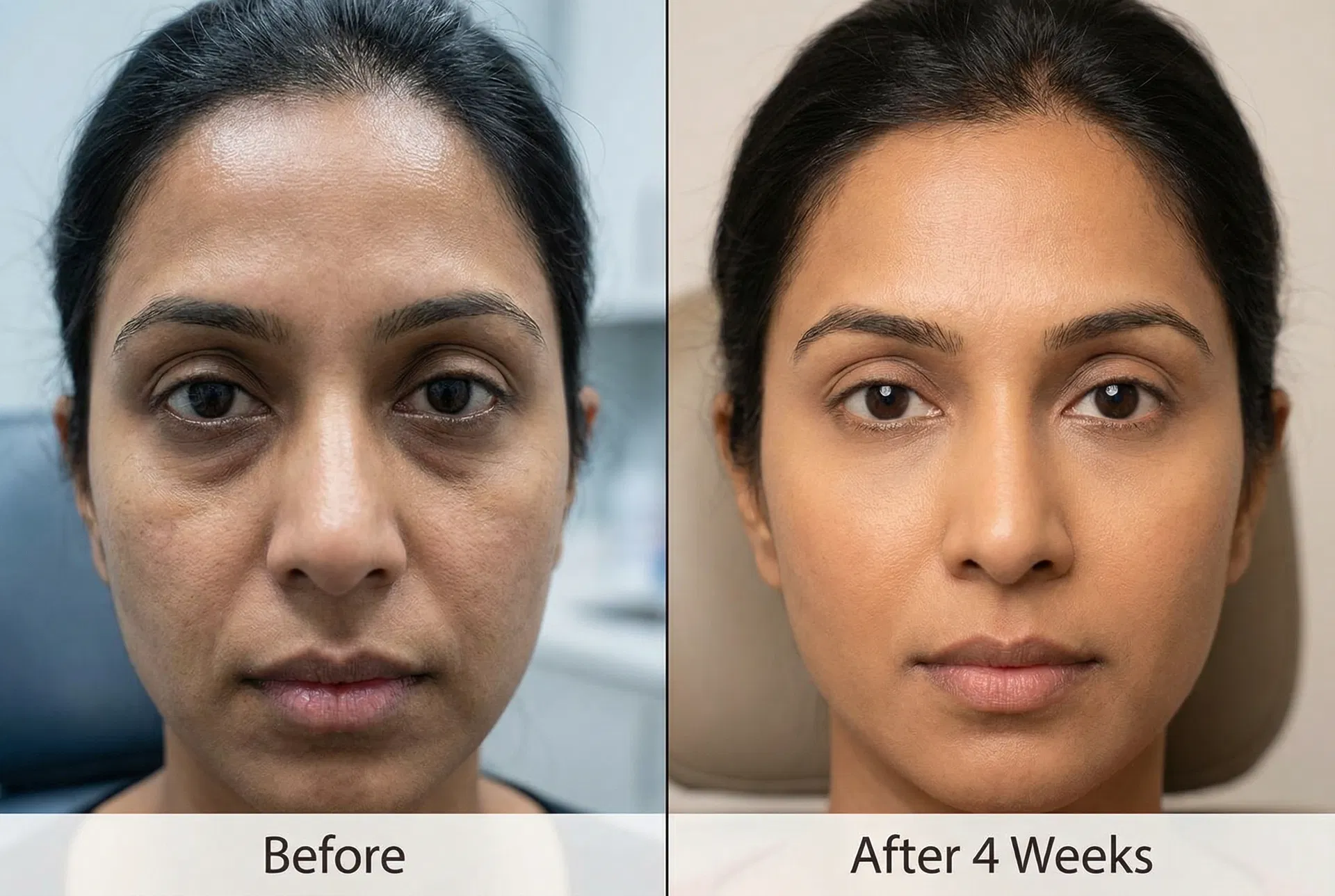 Before and after 4 weeks — dark circles and under-eye puffiness improvement