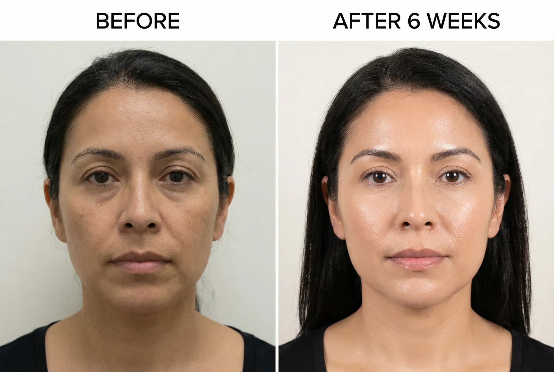 Before and after 6 weeks — dramatic full-face transformation showing smoother texture, brighter complexion