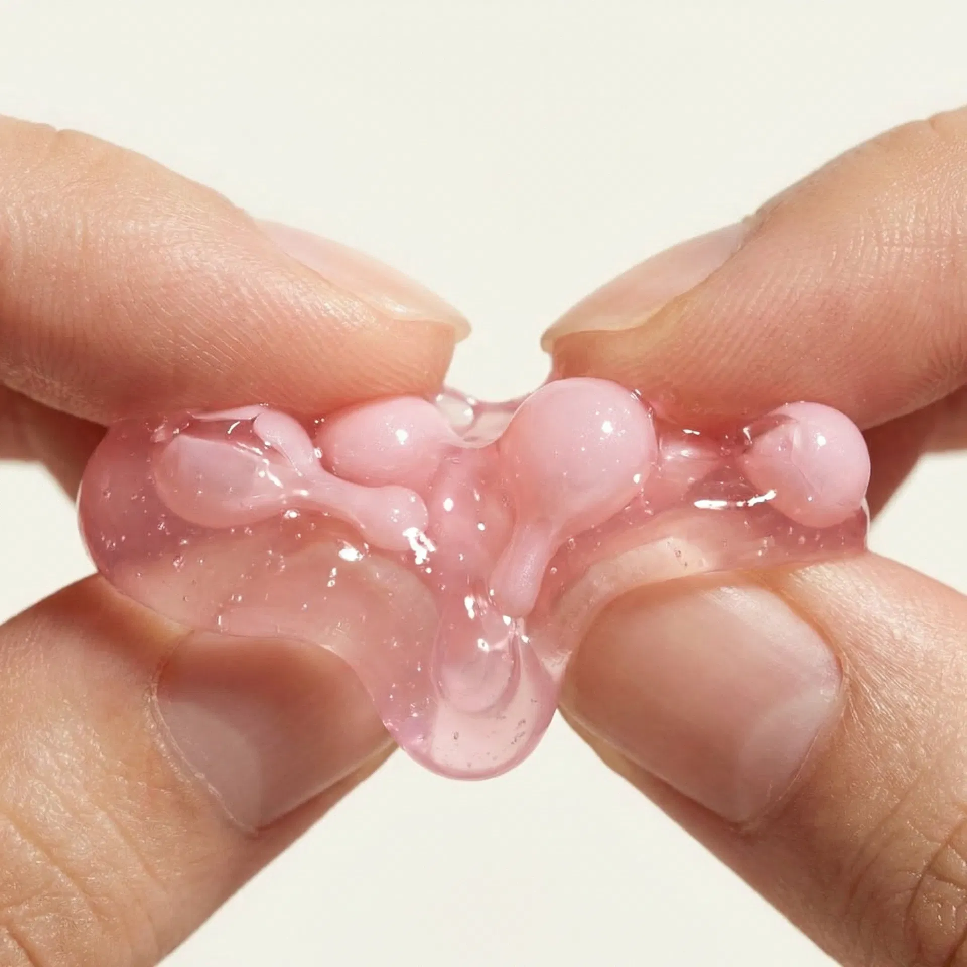 Close-up of pink PDRN capsules being pressed between fingers, showing the gel texture