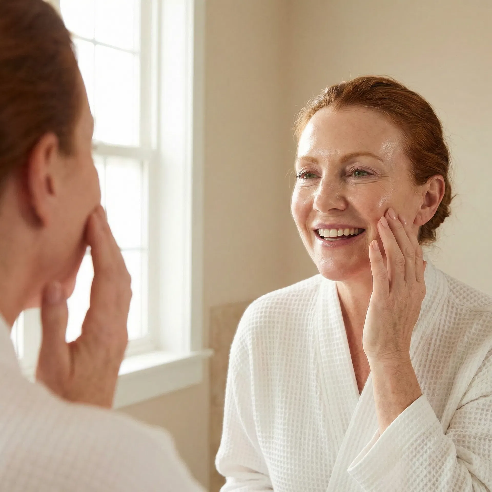 Woman admiring glowing skin results