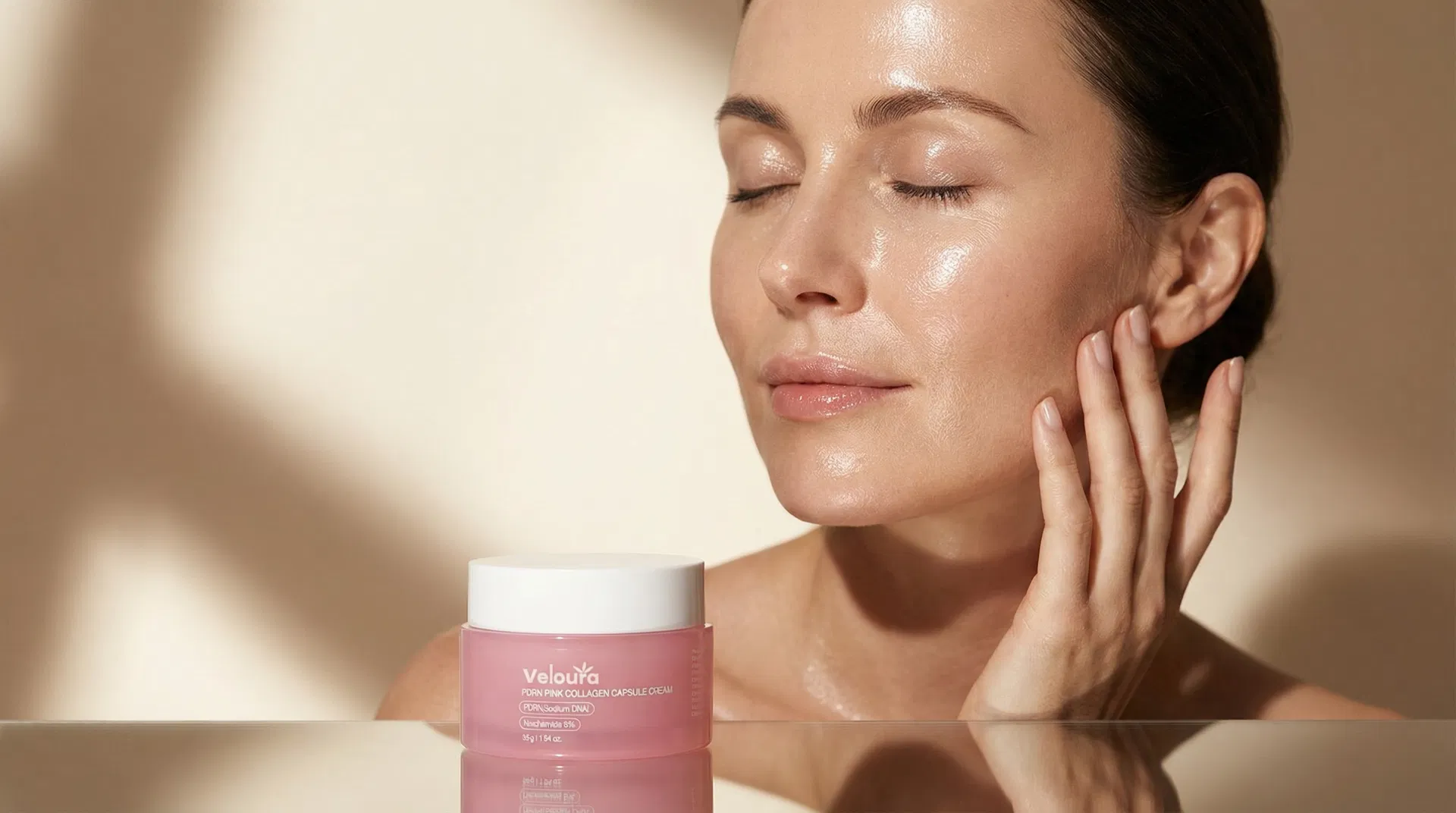 Woman with luminous glass skin touching her face