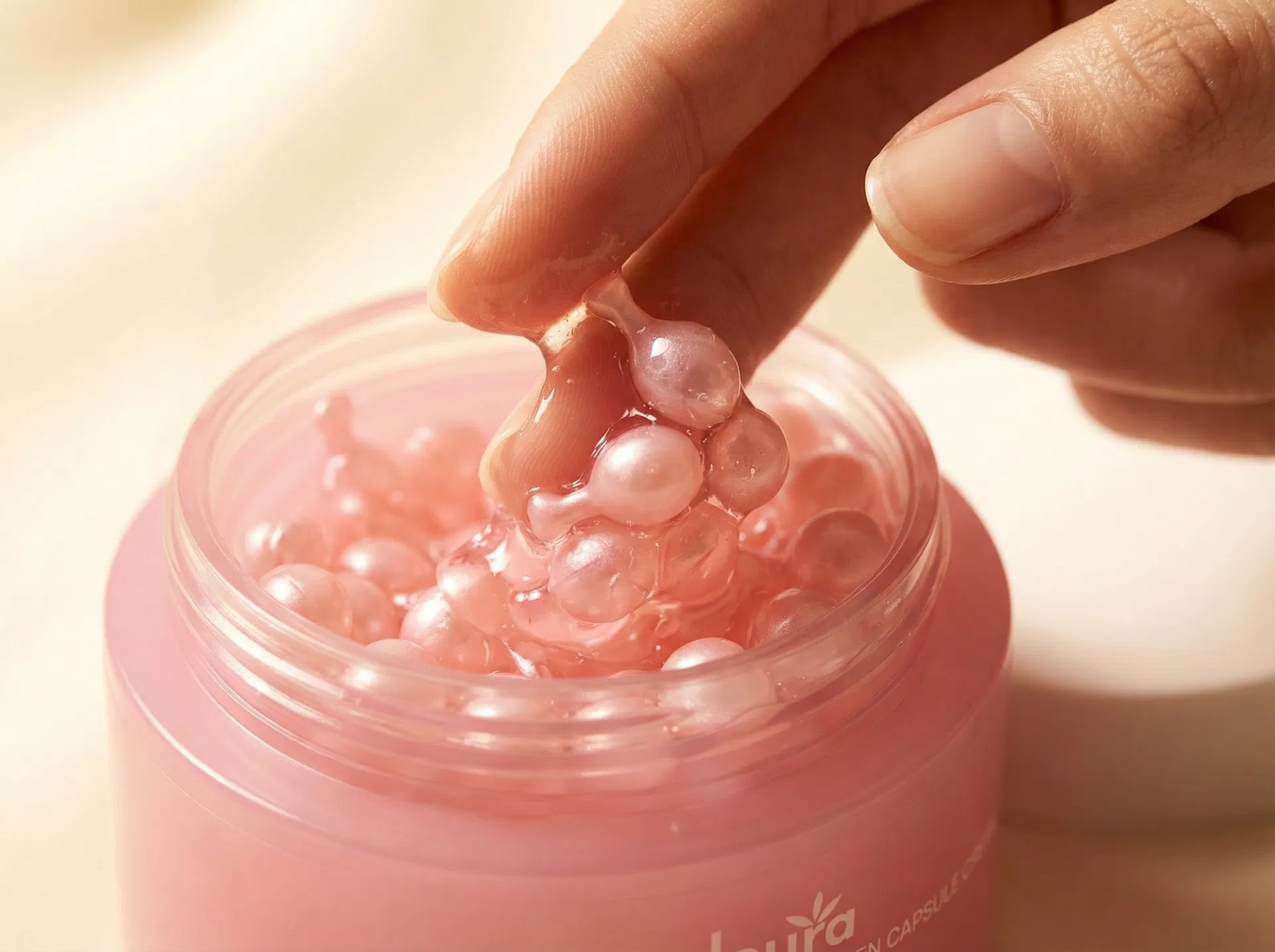 Close-up of pink PDRN capsules being scooped from the cream jar
