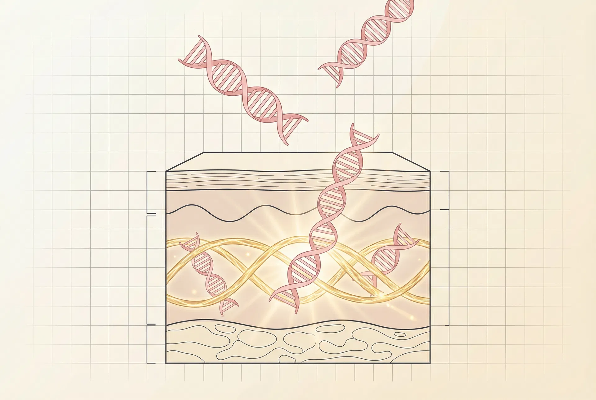 Scientific illustration showing PDRN DNA fragments penetrating skin layers and activating collagen synthesis