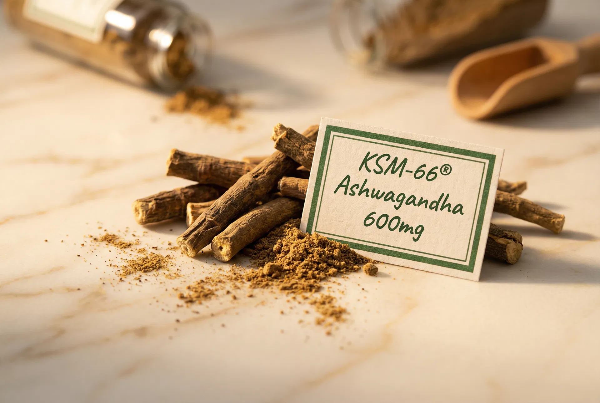 KSM-66 Ashwagandha root on marble surface with label card