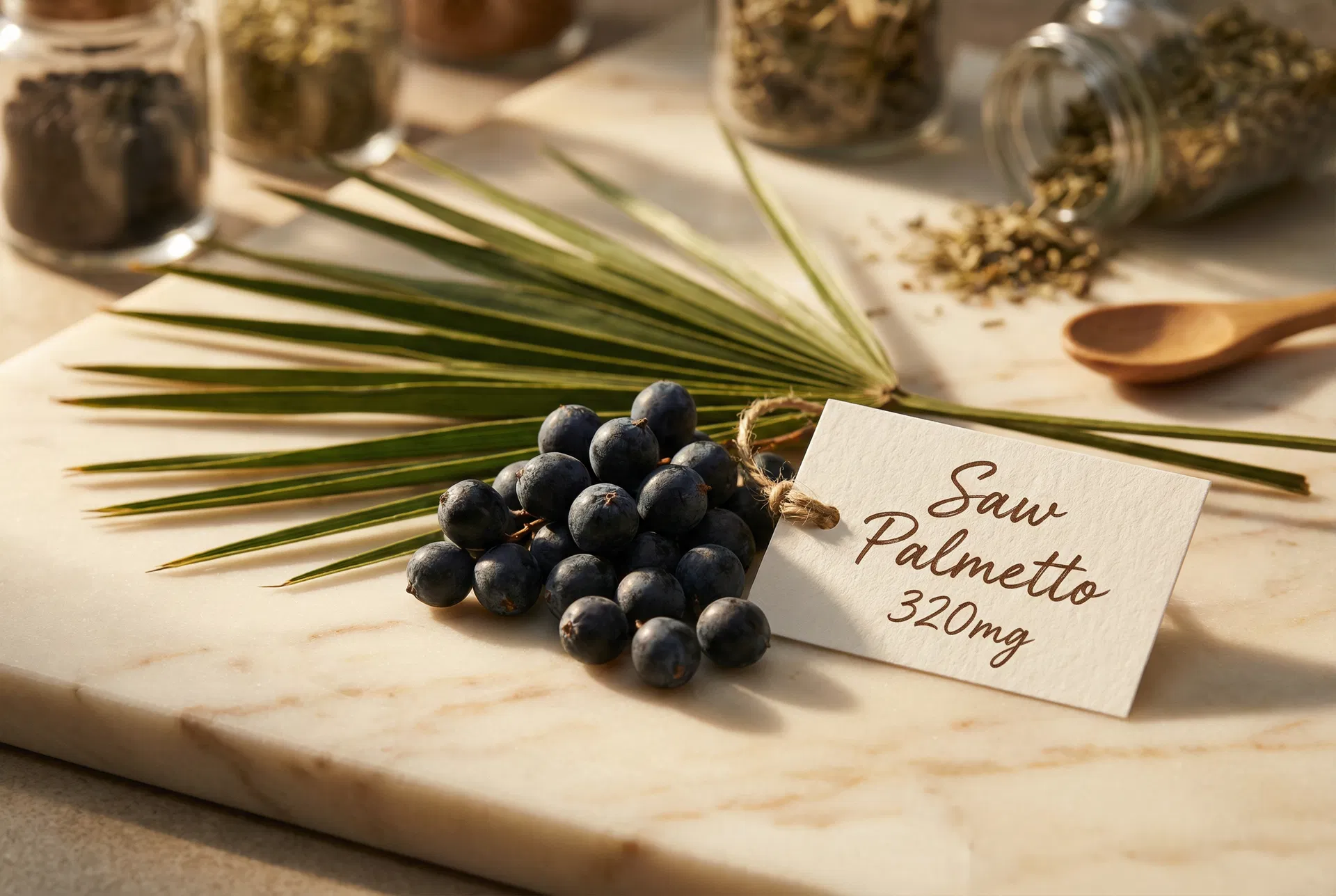 Saw palmetto berries with palm frond and label card