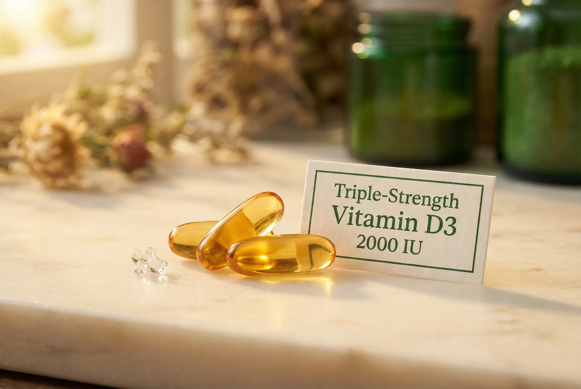Triple-Strength Vitamin D3 2000 IU amber softgels on marble with label card