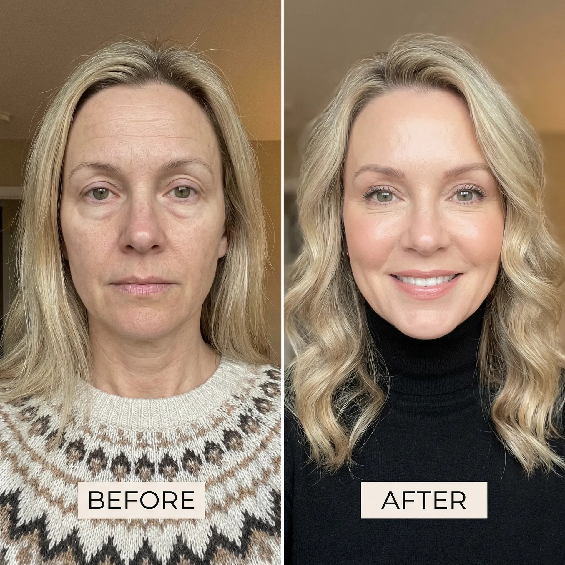 Customer before and after skin transformation with Veloura PDRN mask