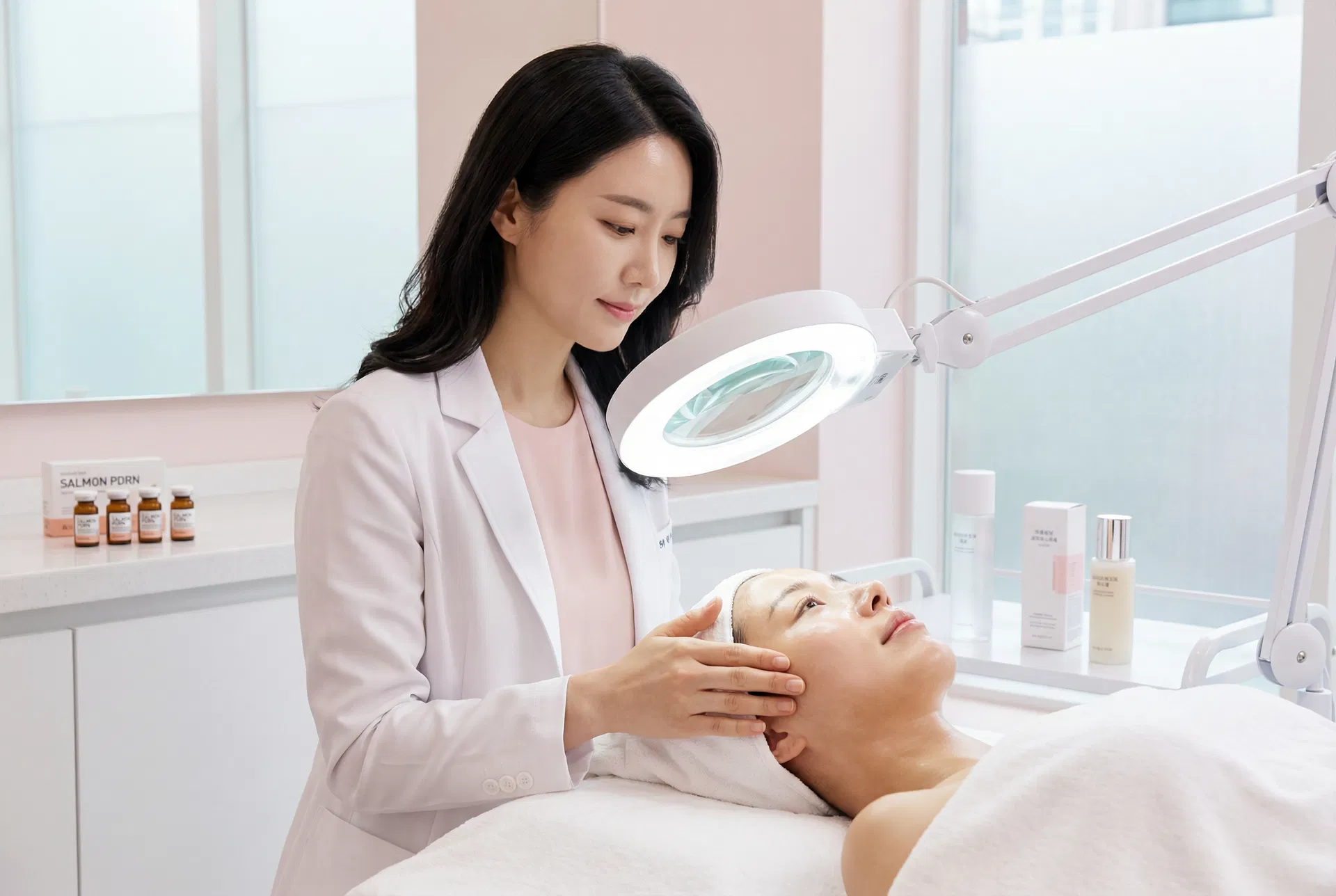 Korean dermatology clinic with PDRN skincare products