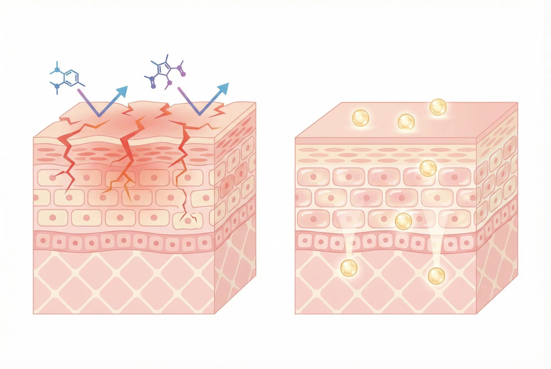 Skin cross-section showing harsh actives damage vs gentle repair