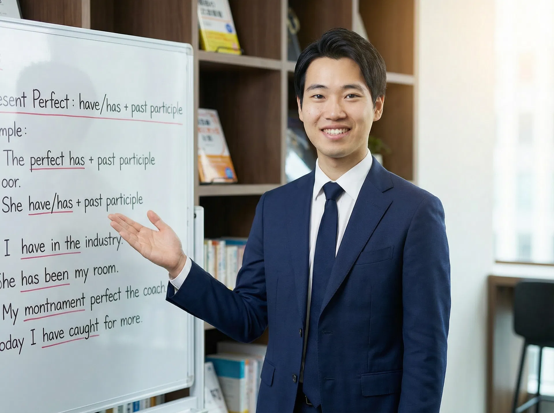 英検専科講師がホワイトボードで英語文法を手のひらで案内している写真