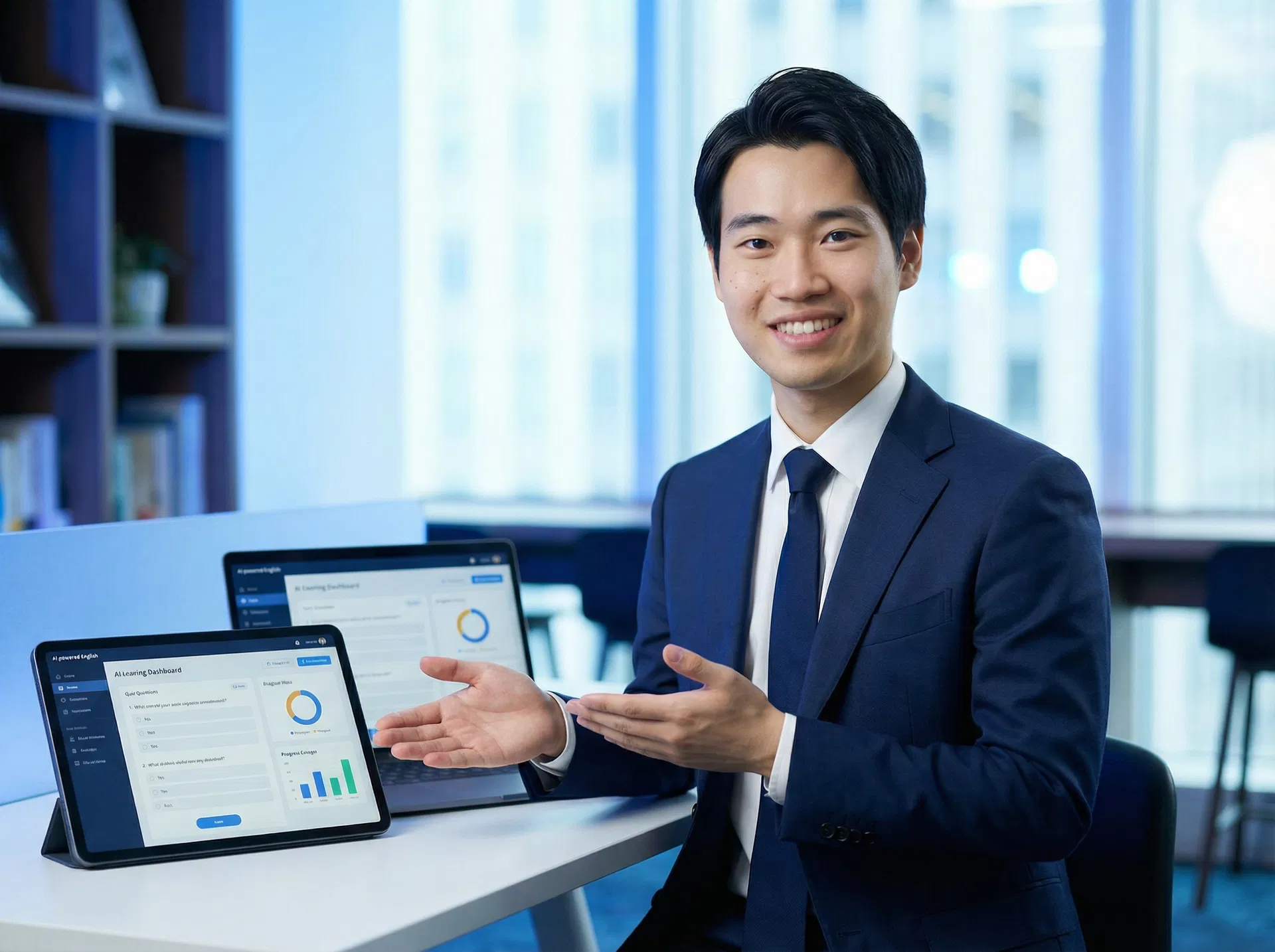 AIが英語学習の課題を自動出題・採点するフューチャリスティックなイラスト