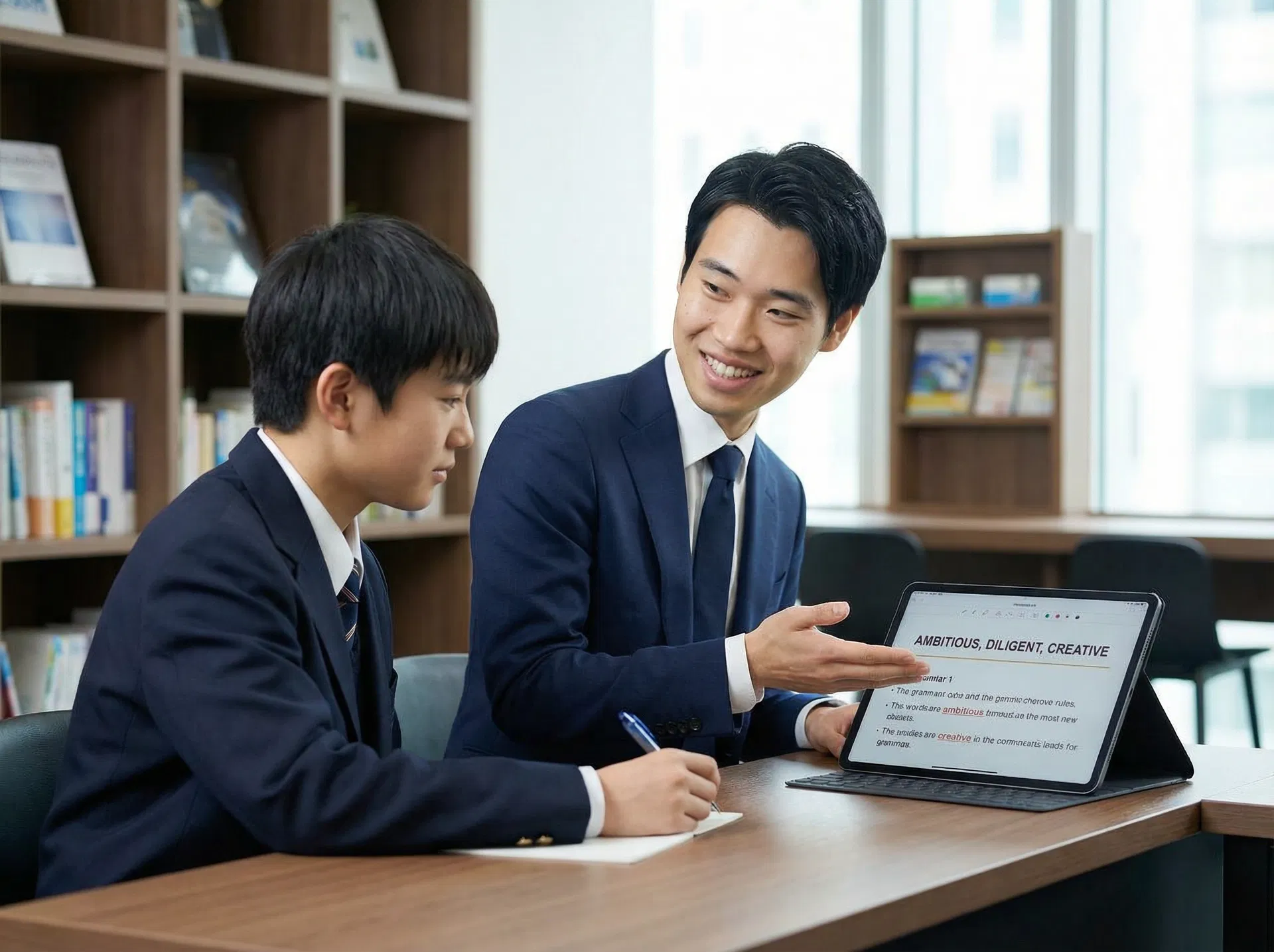 英検専科講師と生徒が1対1で英語を学ぶ授業シーン