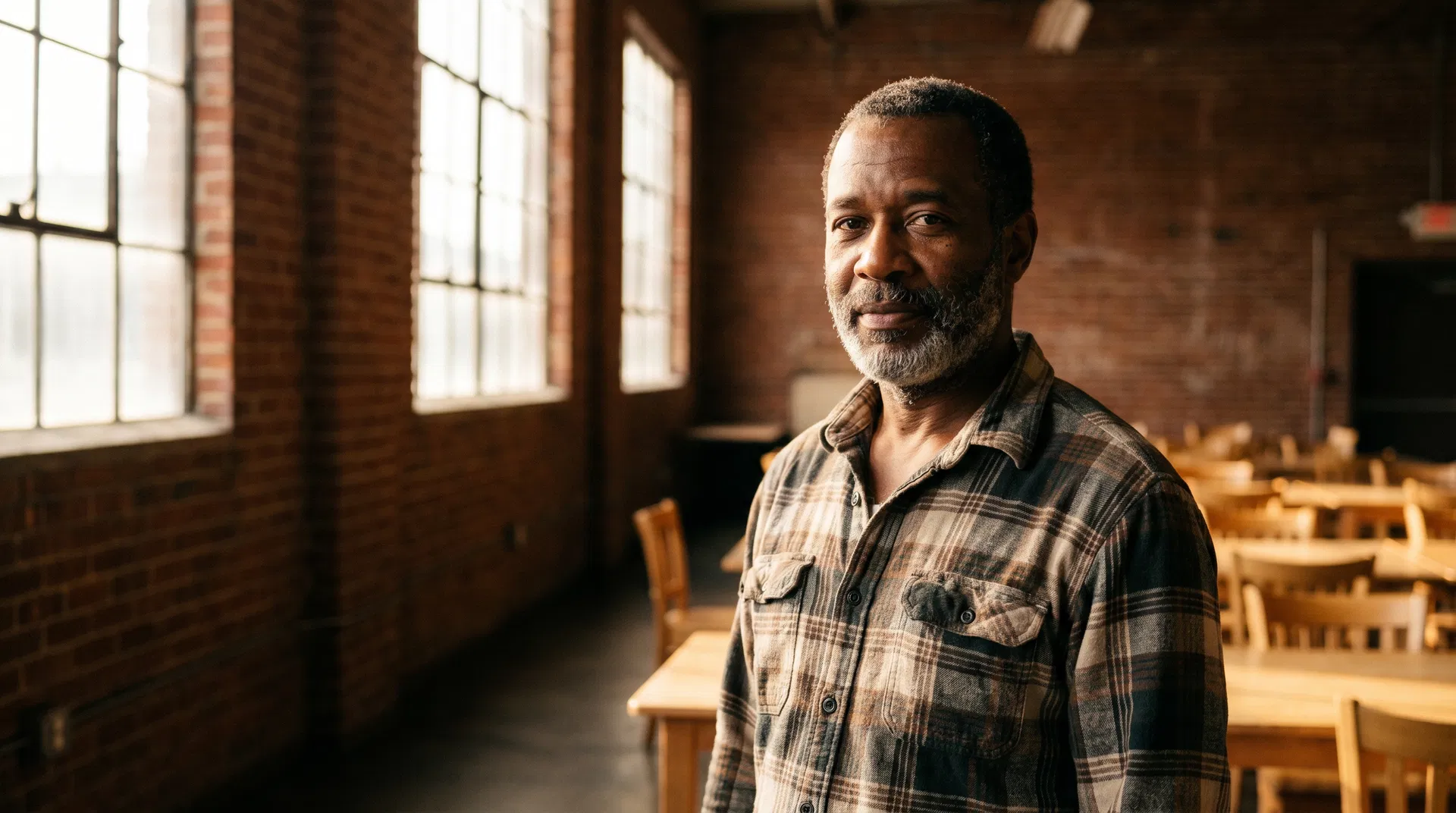 Middle-aged man standing in warm light inside a shelter dining hall