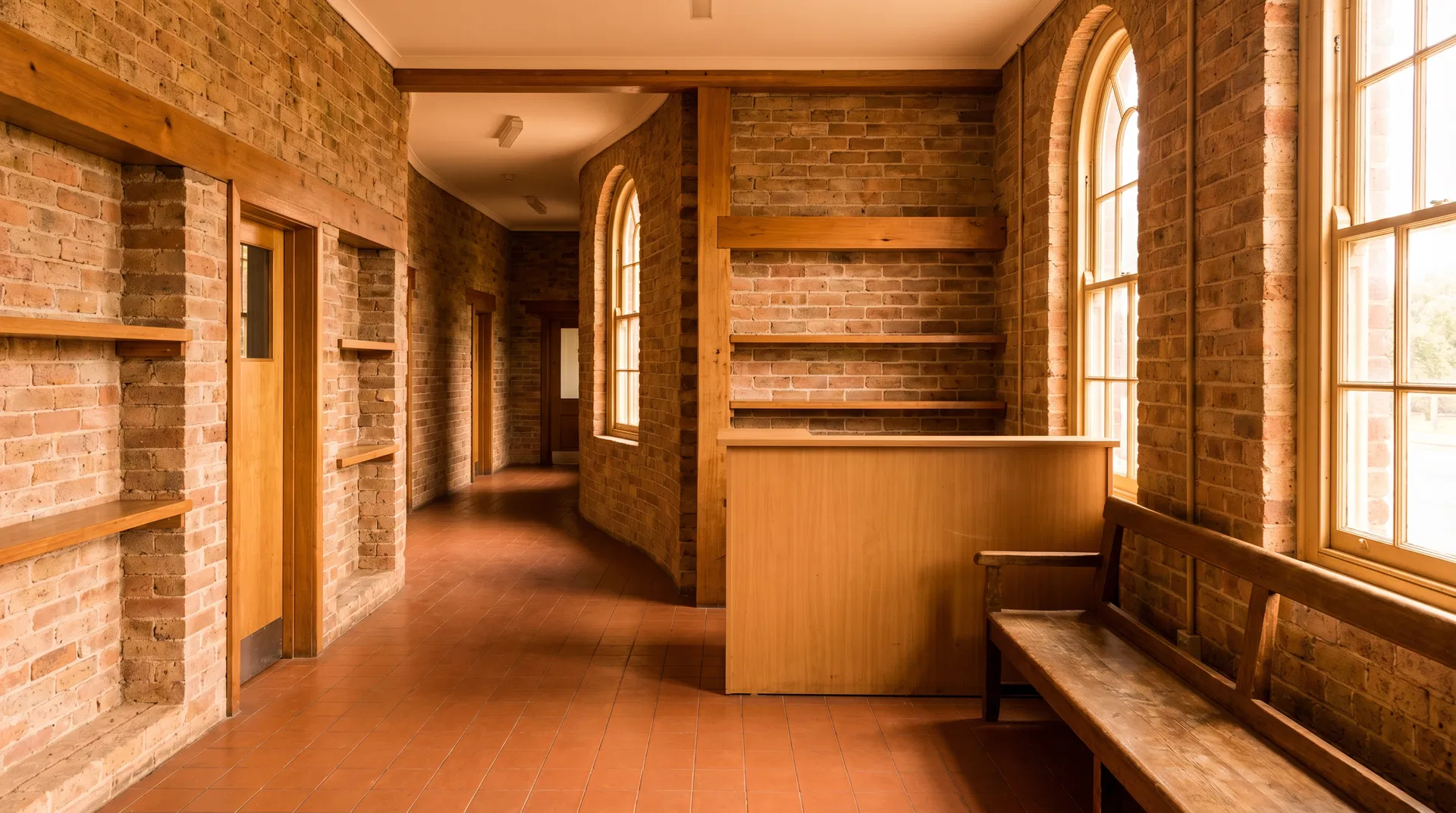 Warmly lit shelter entryway with brick walls and a welcoming intake desk