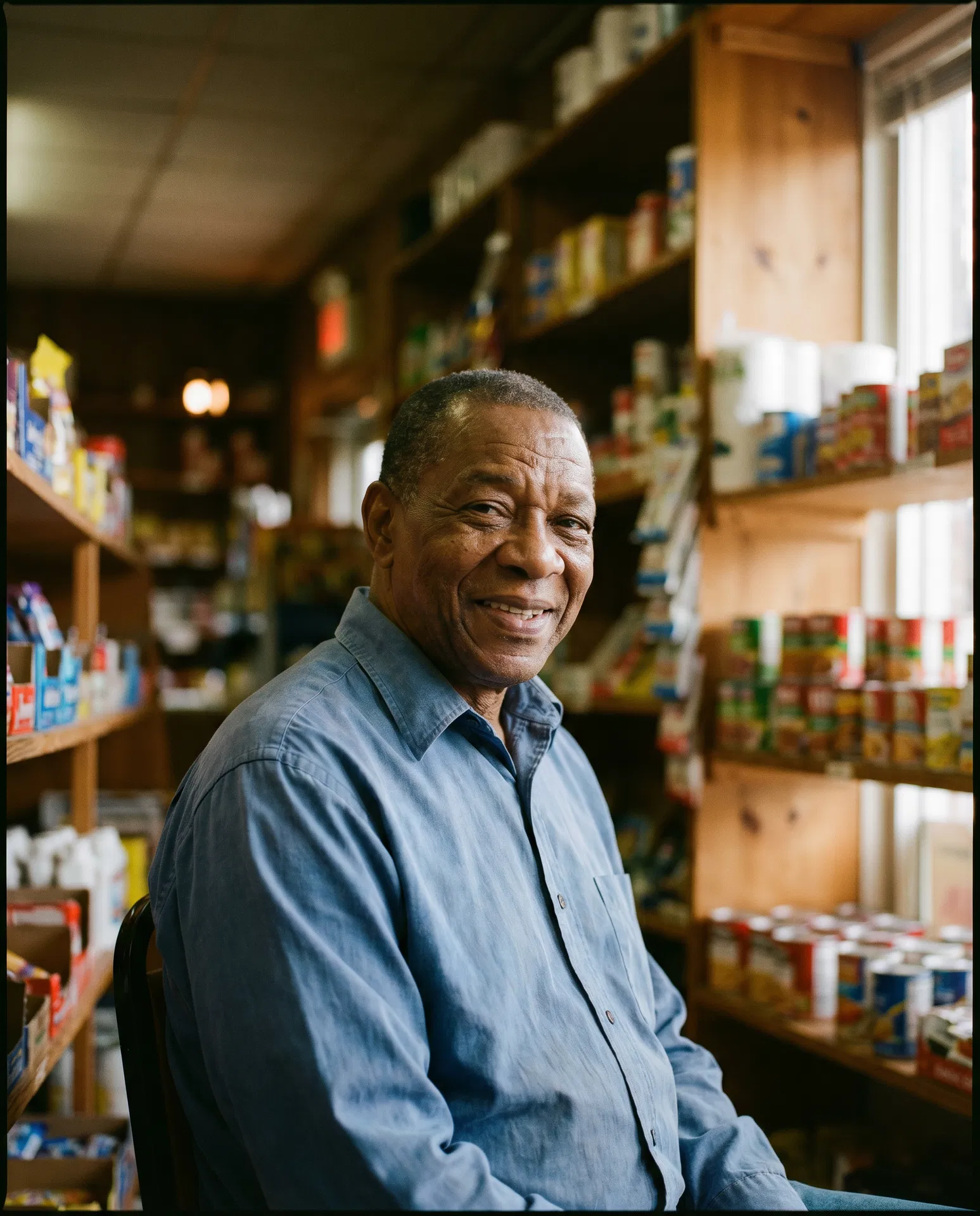 Portrait of Omar smiling inside the Dallas Life convenience store