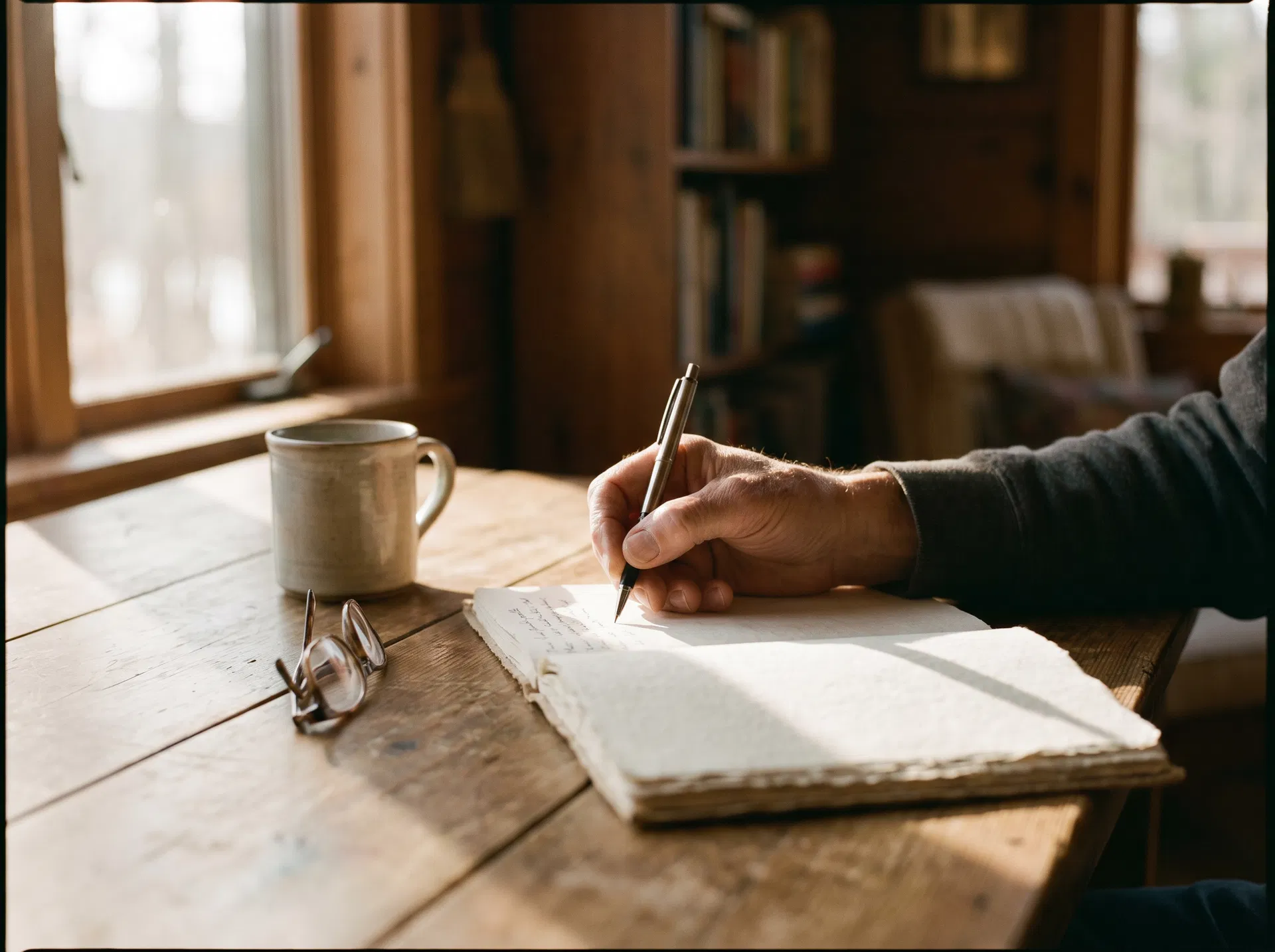 A hand writing in a journal at a wooden table