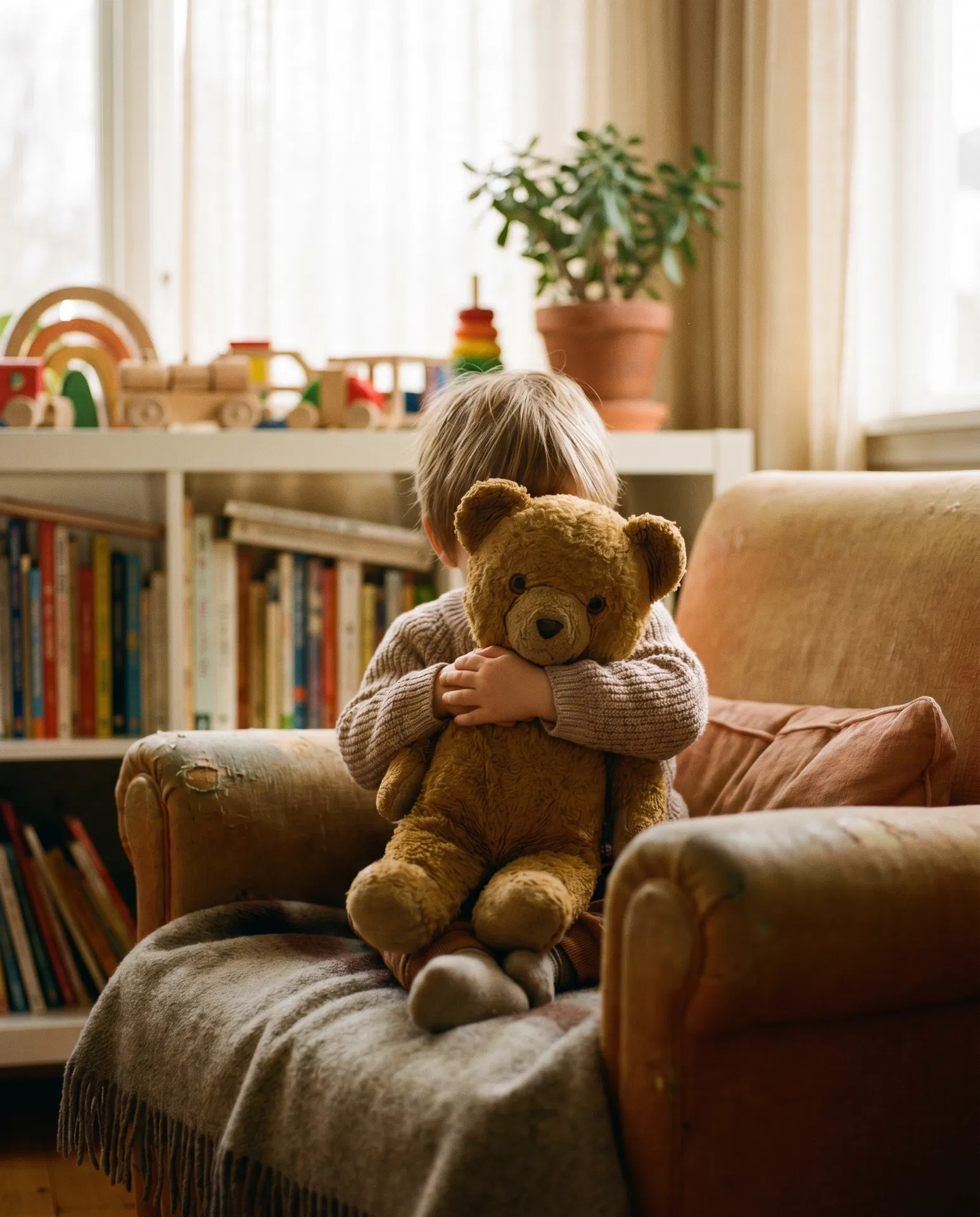 A child holding a teddy bear in warm natural light
