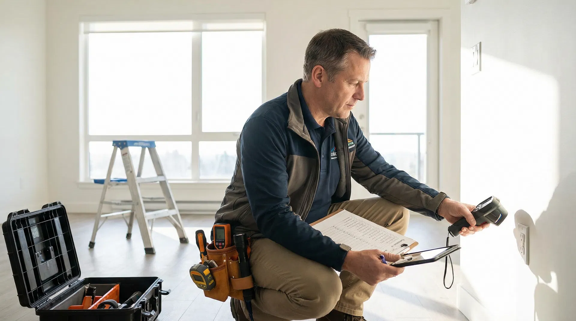 Engenheiro realizando vistoria técnica em apartamento novo em Belo Horizonte