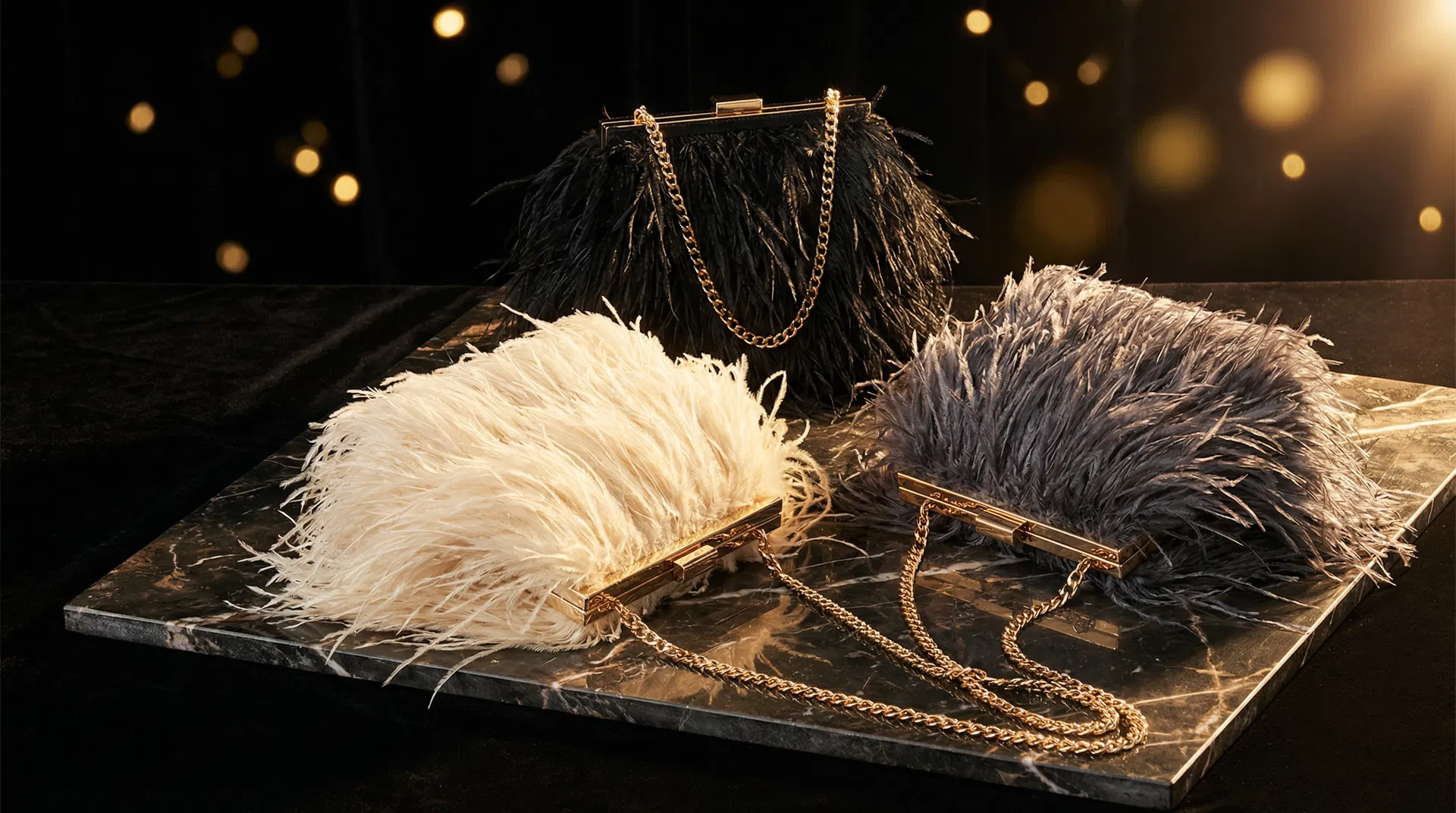 Chic black faux feather plush evening bag with gold chain strap for glamorous occasions