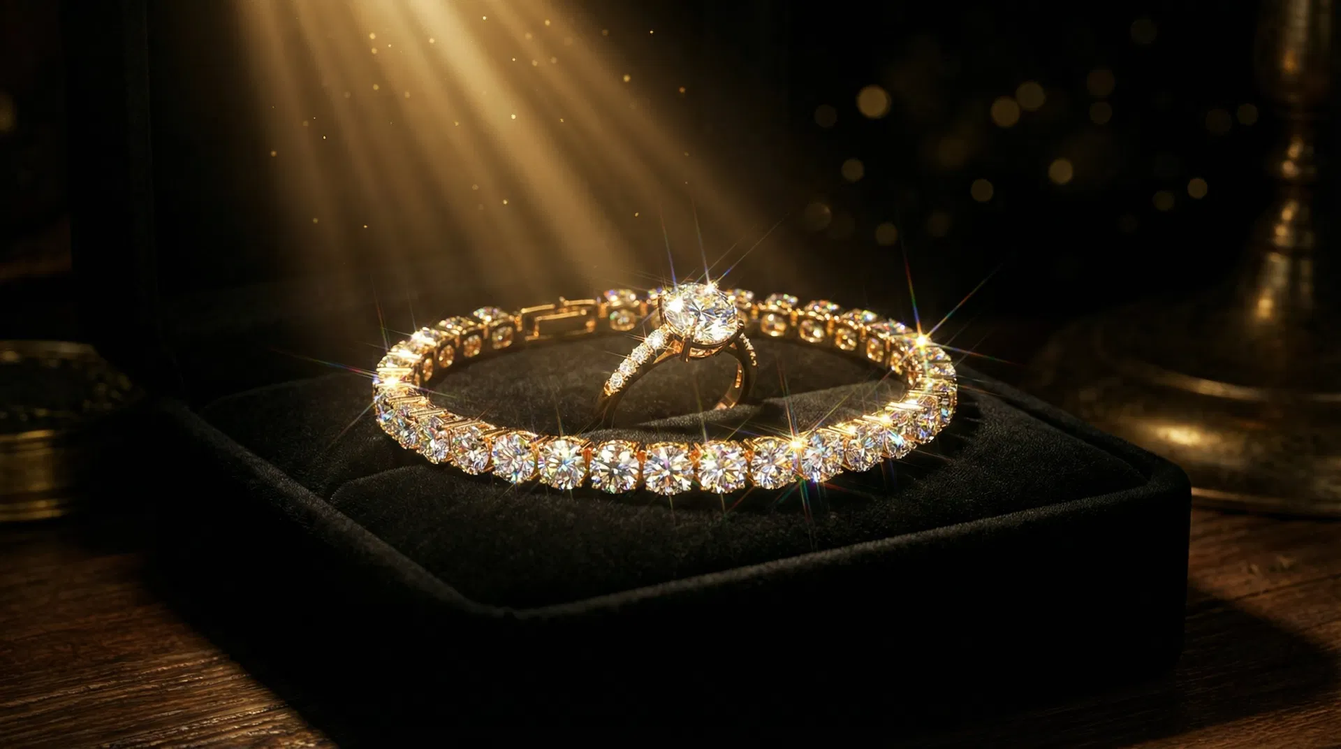Certified moissanite diamond bracelet and ring set in 925 sterling silver on a dark velvet display