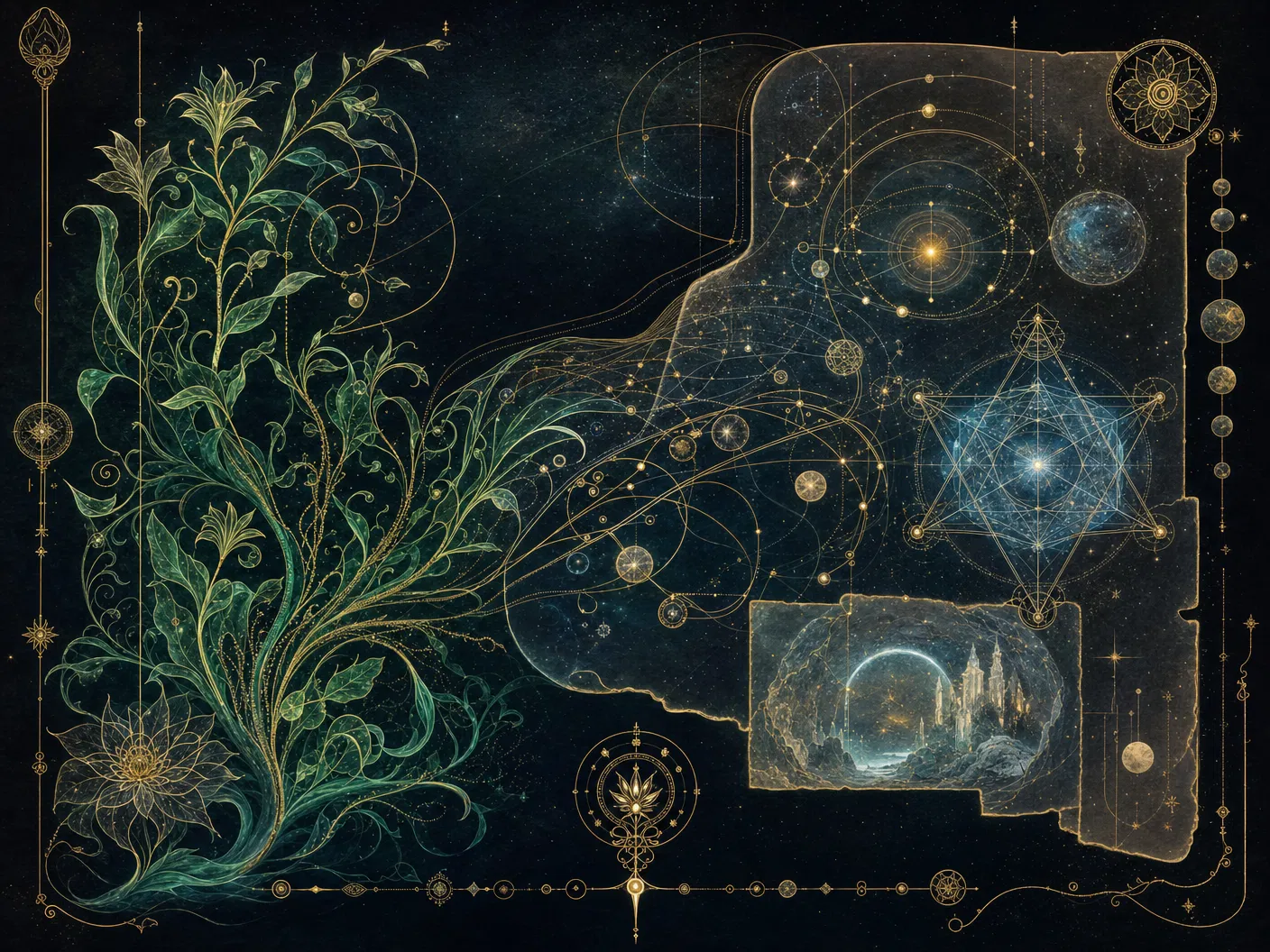 Orbital vines and sacred geometry forming a celestial codex