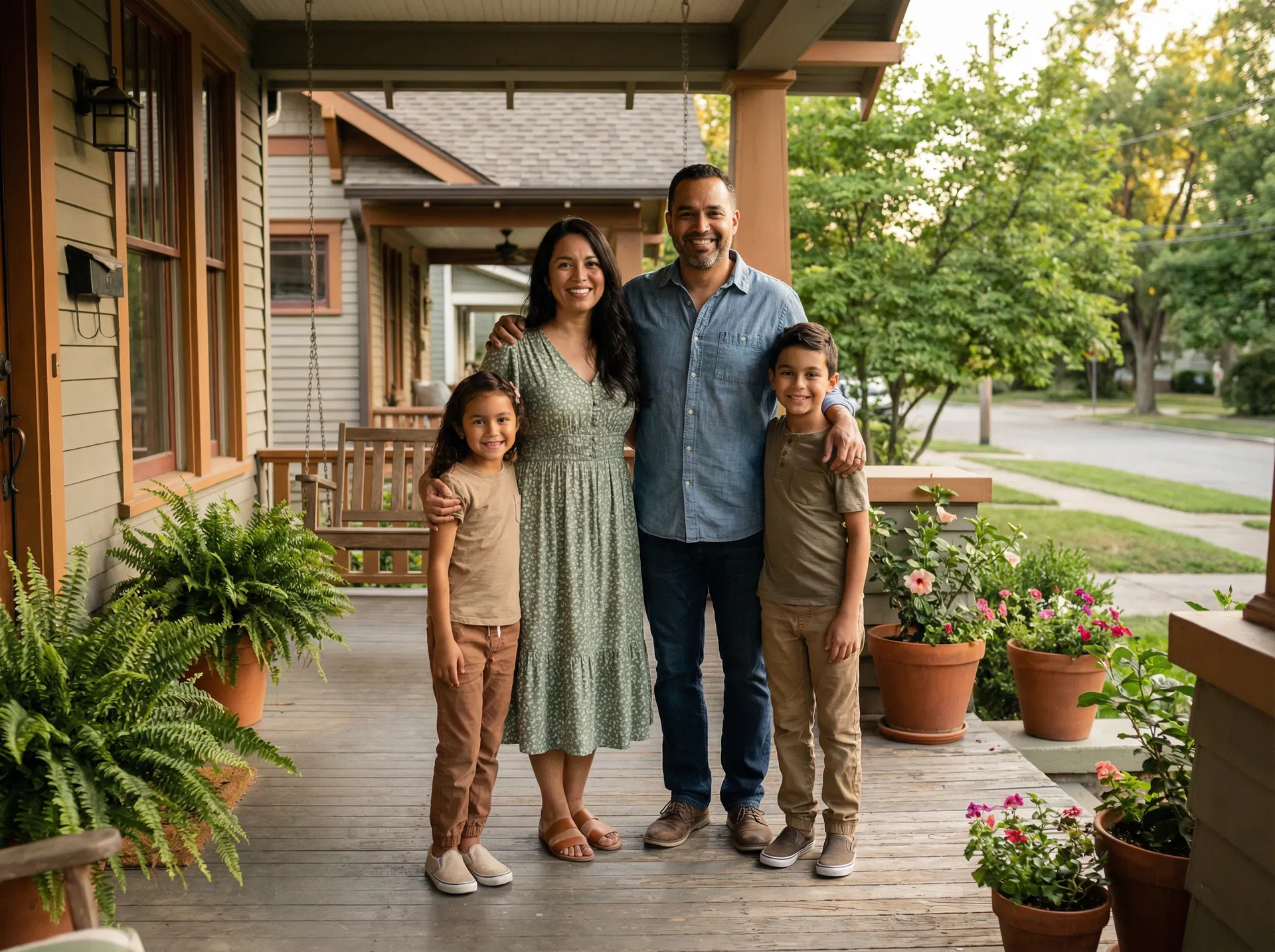 A family standing together on their home's front porch, looking hopeful
