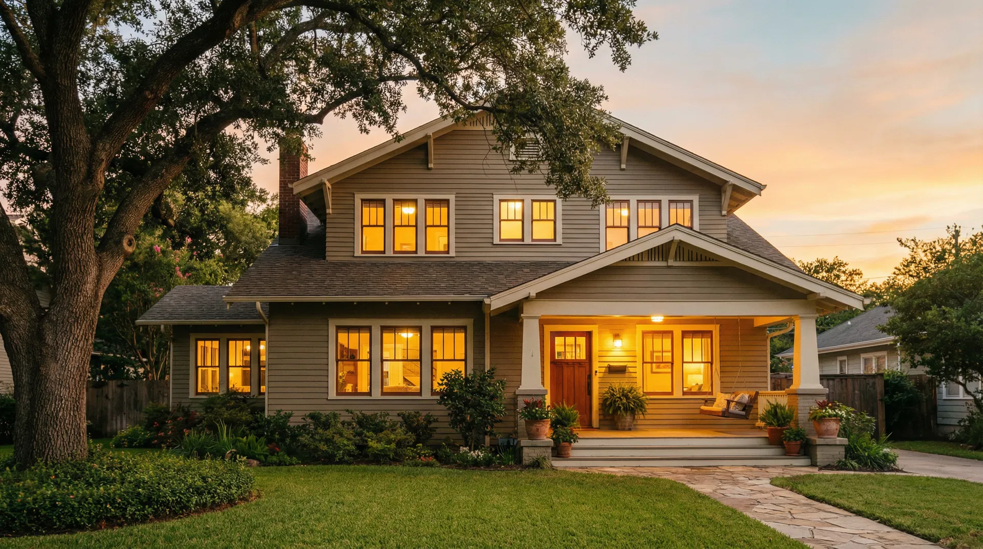 A warm, inviting home at golden hour
