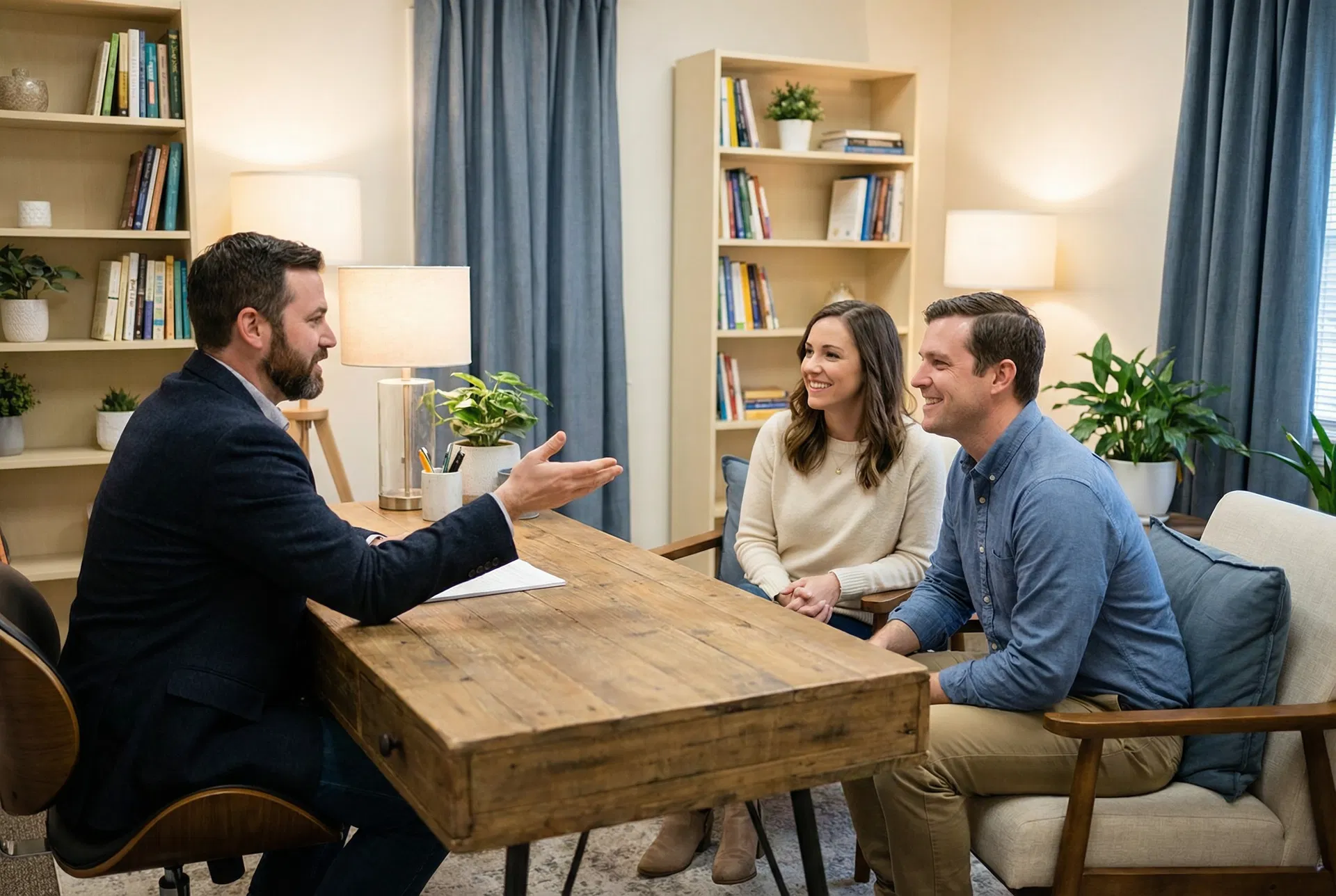 Professional adviser meeting with homeowners in a warm, supportive setting