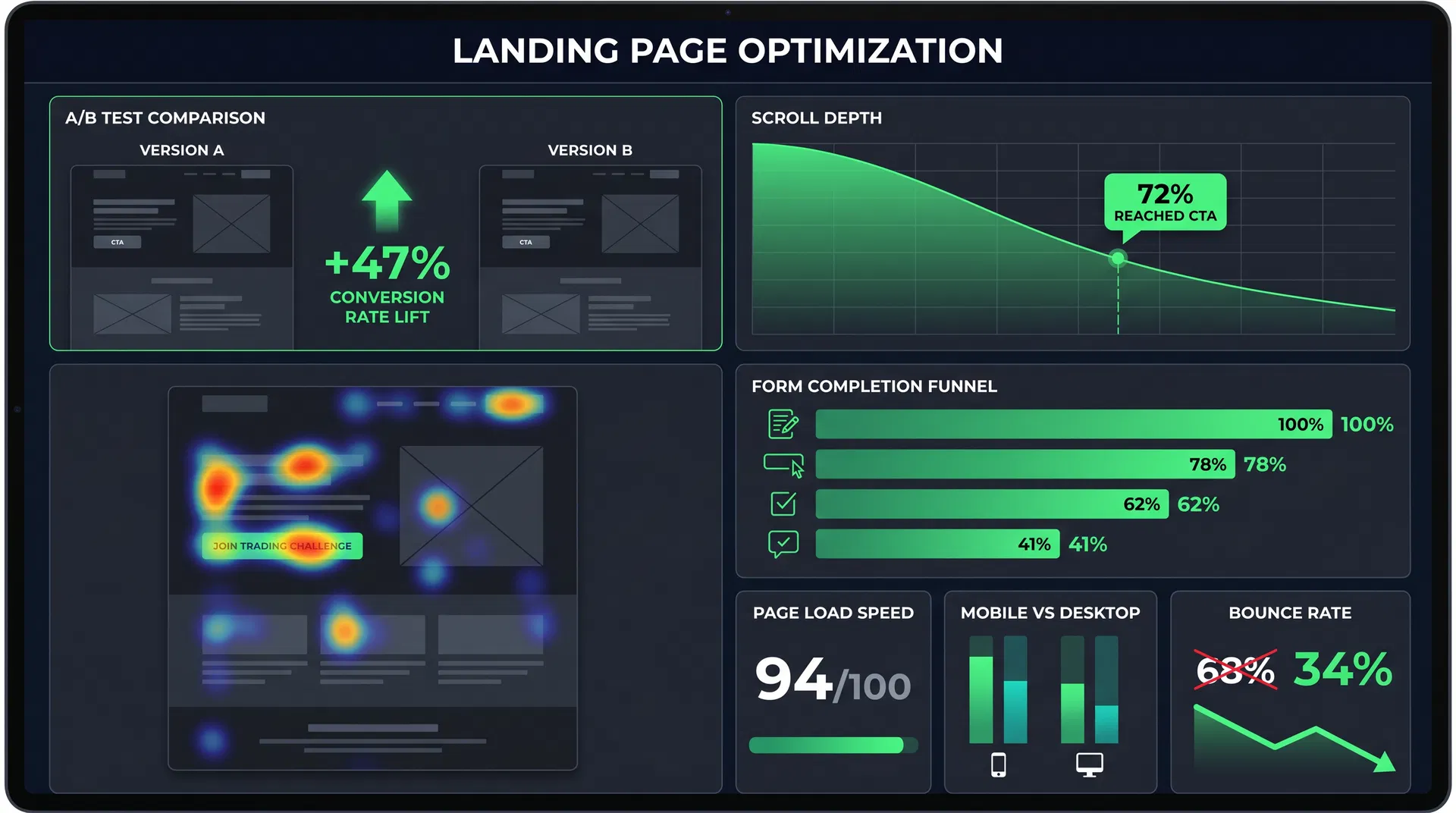 Landing page optimization dashboard showing +47% conversion lift with heatmap and scroll depth