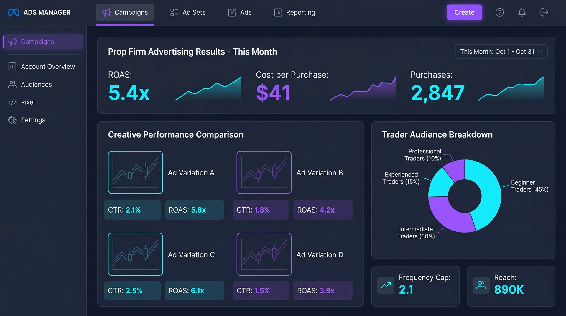 Meta Ads Manager showing 5.4x ROAS with creative performance comparison
