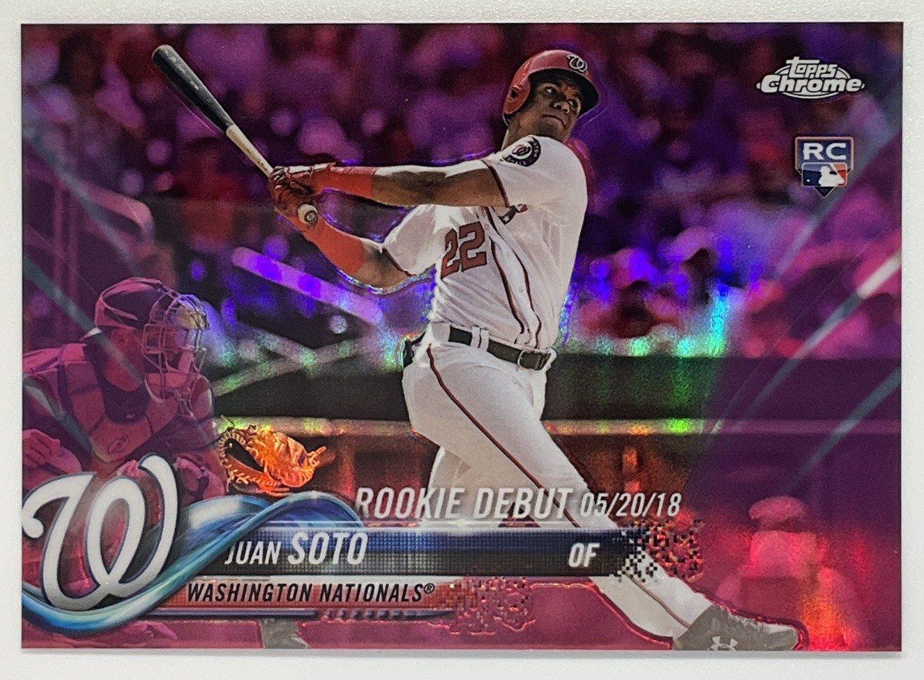 Juan Soto 2018 Topps Chrome Rookie Debut Purple Refractor Purple Refractor - Trading Card Image