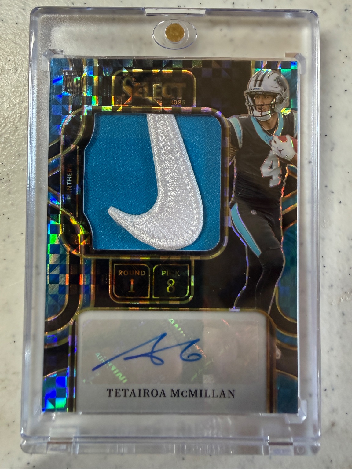 Tetairoa McMillan 2023 Panini Select Rookie Patch (Rookie Patch) Blue Shimmer Silver Prizm - Trading Card Image