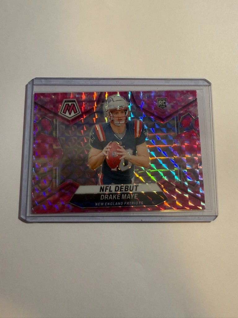Drake Maye 2024 Panini Mosaic NFL Debut Pink Fluorescent Prizm Rookie Card Pink Fluorescent Prizm - Trading Card Image